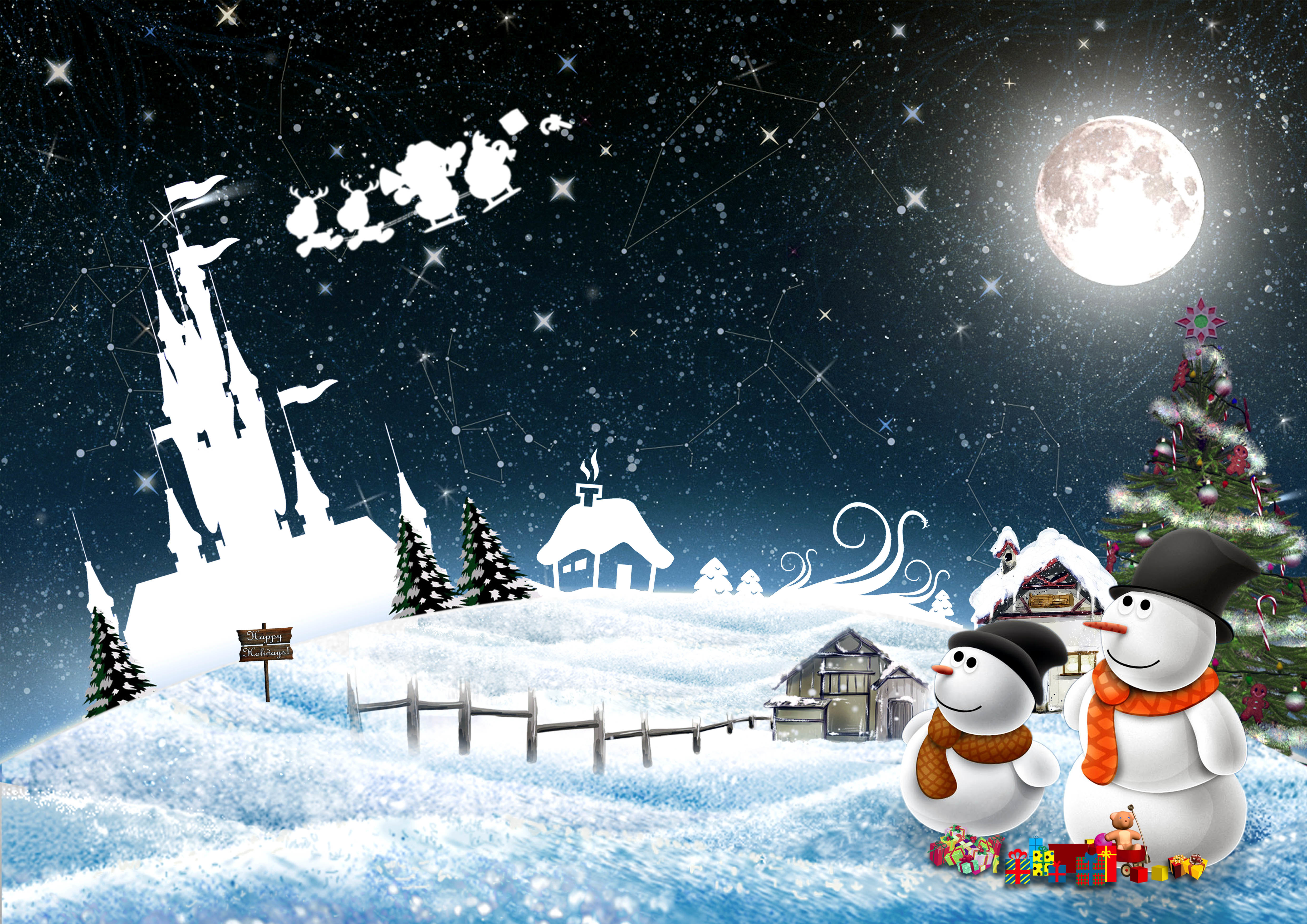 christmas, holidays, new year, night, snowman, holiday, postcard HD wallpaper