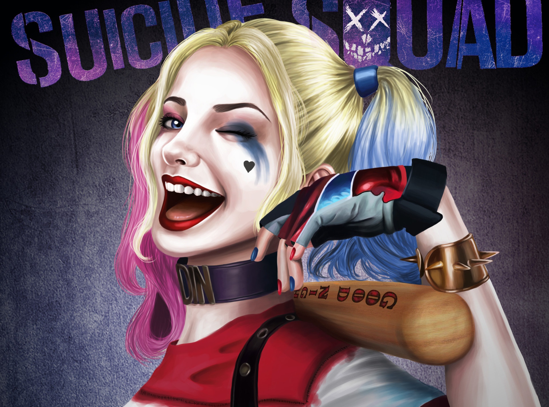 Download mobile wallpaper Smile, Face, Wink, Movie, Harley Quinn, Dc Comics, Lipstick, Suicide Squad, Two Toned Hair for free.