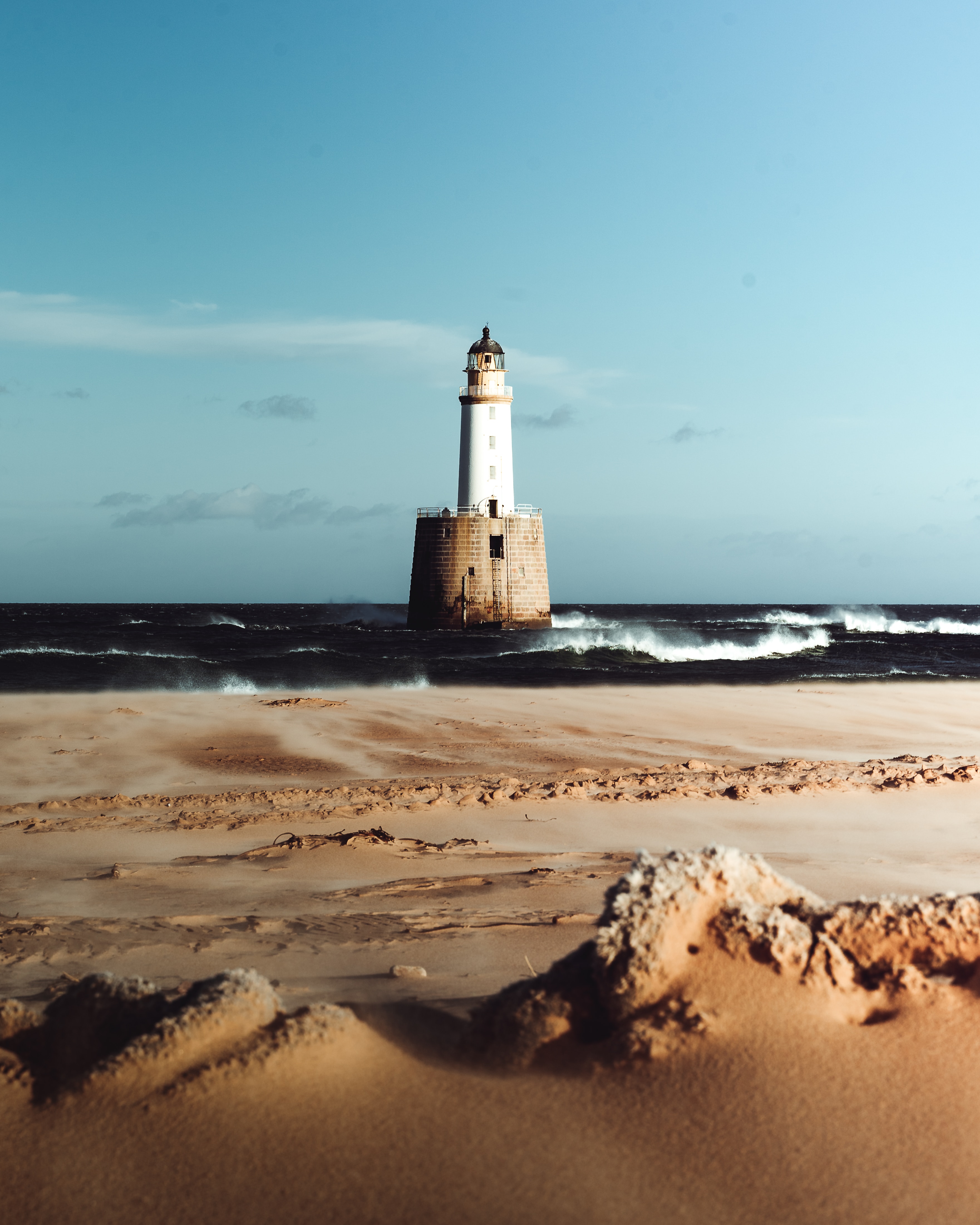 Download mobile wallpaper Surf, Waves, Sand, Sea, Horizon, Lighthouse, Nature for free.