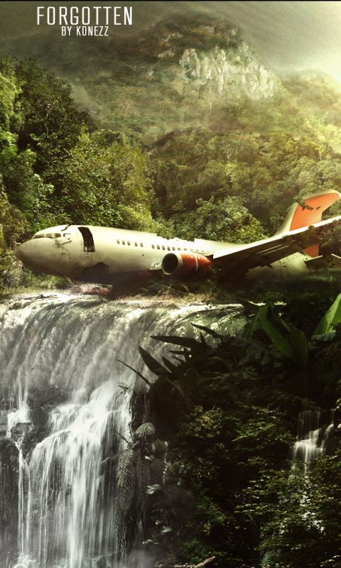 Download mobile wallpaper Landscape, Fantasy, Waterfall, Airplane, Sunlight, Tropical, Jungle for free.