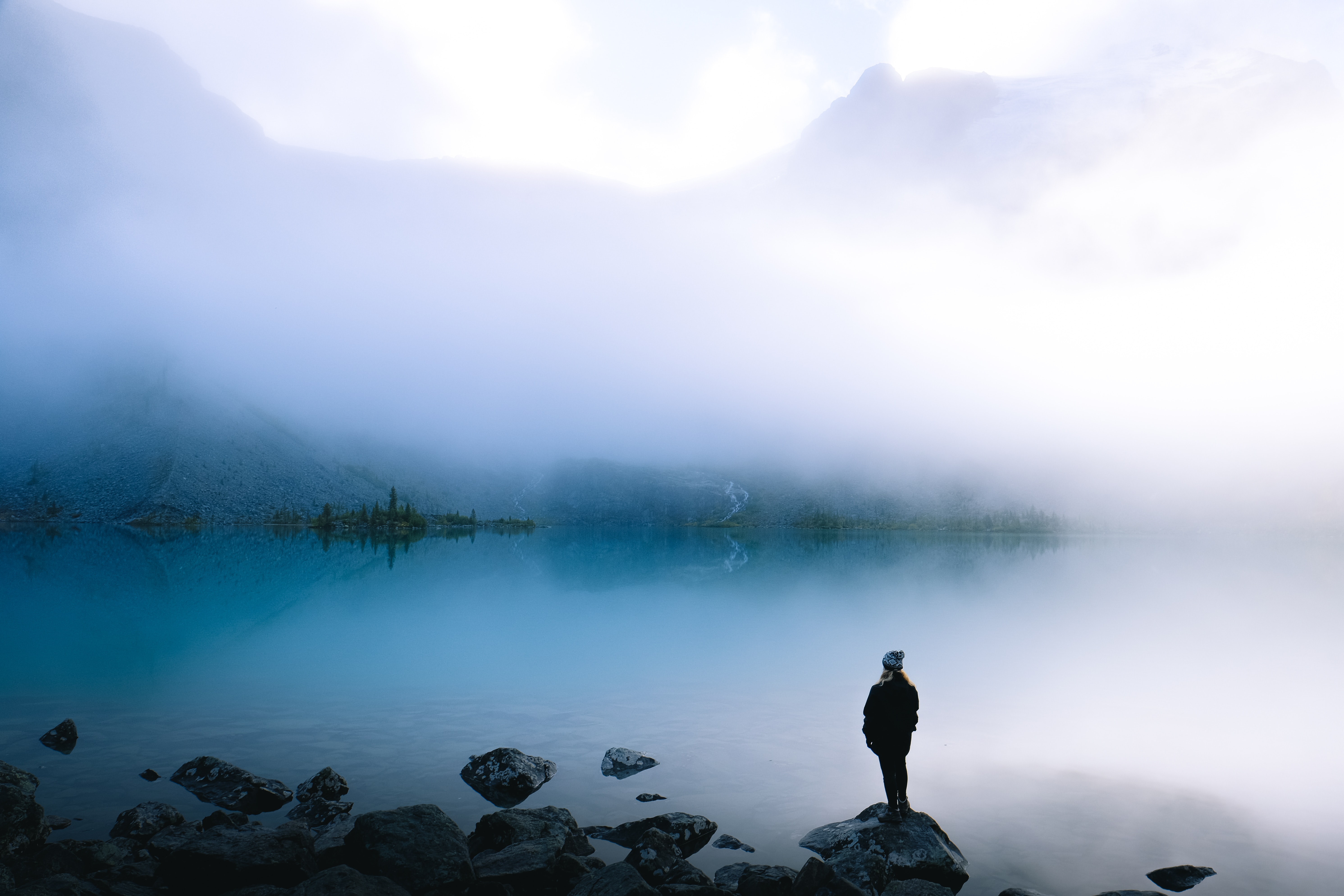 Download mobile wallpaper Shore, Bank, Fog, Lake, Nature, Silhouette, Loneliness for free.