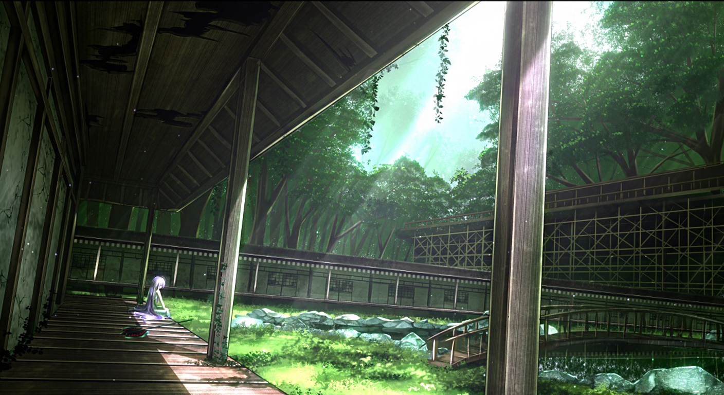 Handy-Wallpaper Landschaft, Gebäude, Baum, Sonnig, Animes kostenlos herunterladen.