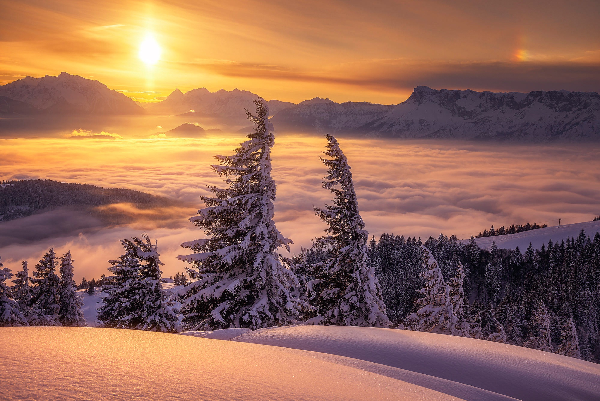 Download mobile wallpaper Landscape, Winter, Nature, Sun, Snow, Mountain, Fog, Earth for free.