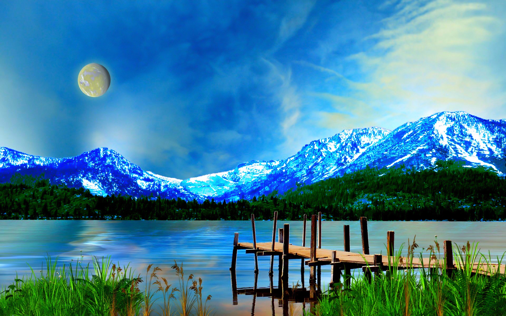 Free download wallpaper Landscape, Moon, Mountain, Lake, Pier, Artistic on your PC desktop