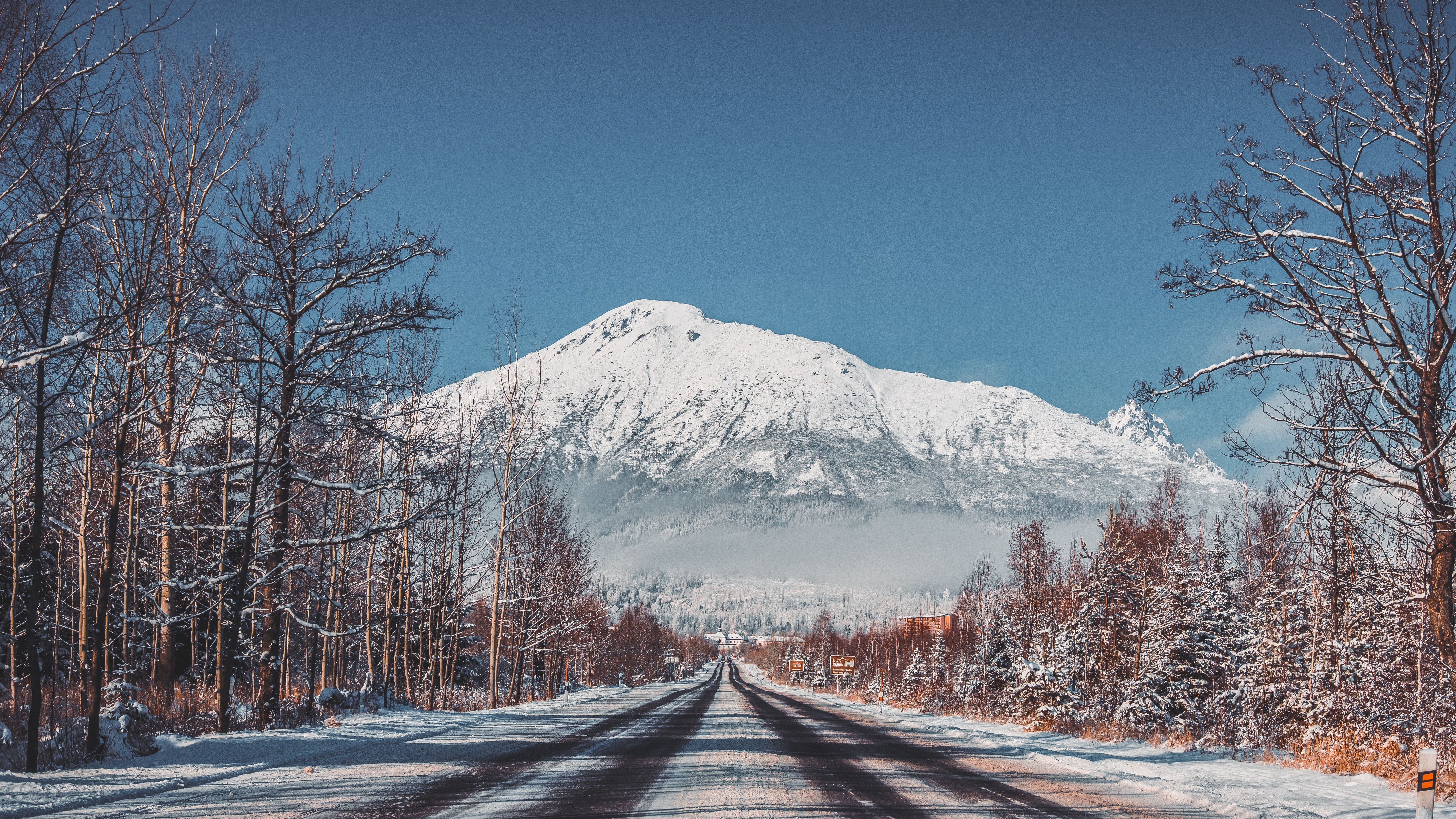 Download mobile wallpaper Winter, Nature, Trees, Snow, Road, Landscape, Mountains for free.