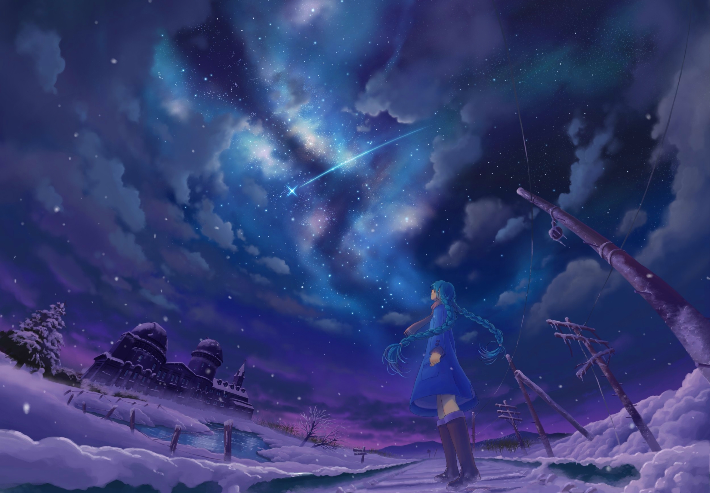 Laden Sie das Winter, Schnee, Wolke, Vocaloid, Himmel, Blaue Haare, Hatsune Miku, Animes, Lange Haare-Bild kostenlos auf Ihren PC-Desktop herunter