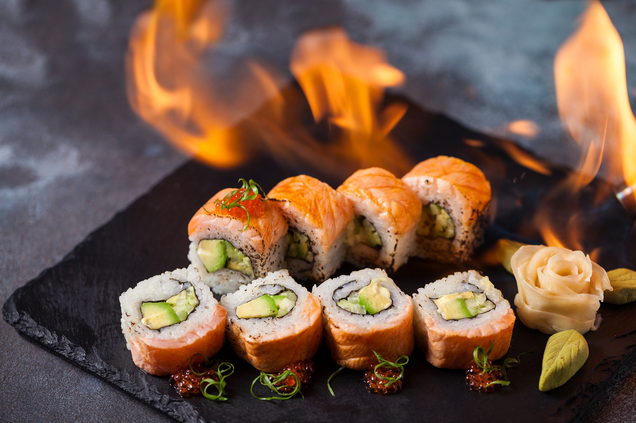 Download mobile wallpaper Food, Sushi, Flame, Fish, Seafood, Rice for free.