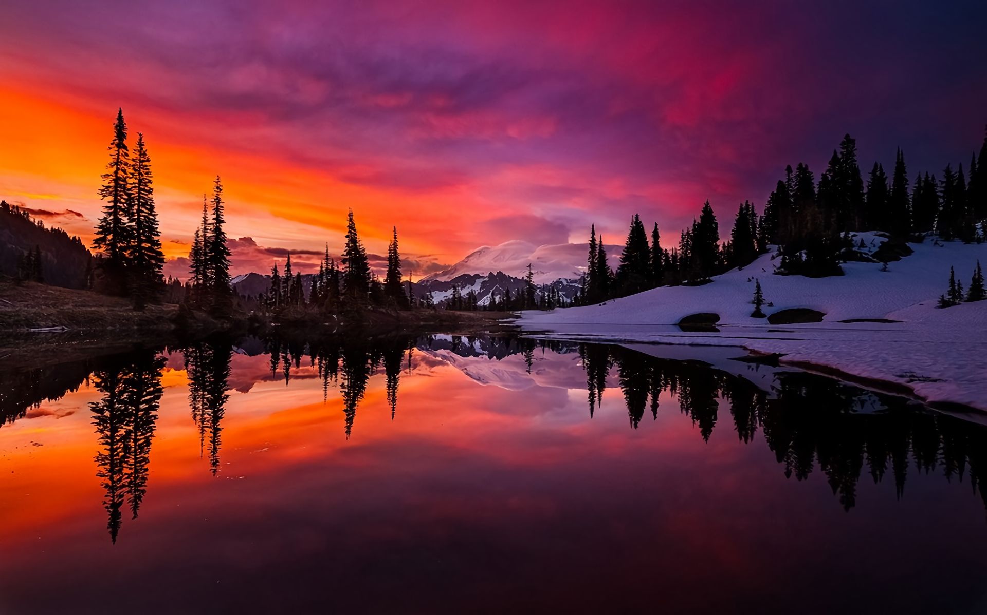 Free download wallpaper Winter, Sunset, Snow, Lake, Reflection, Tree, Earth on your PC desktop