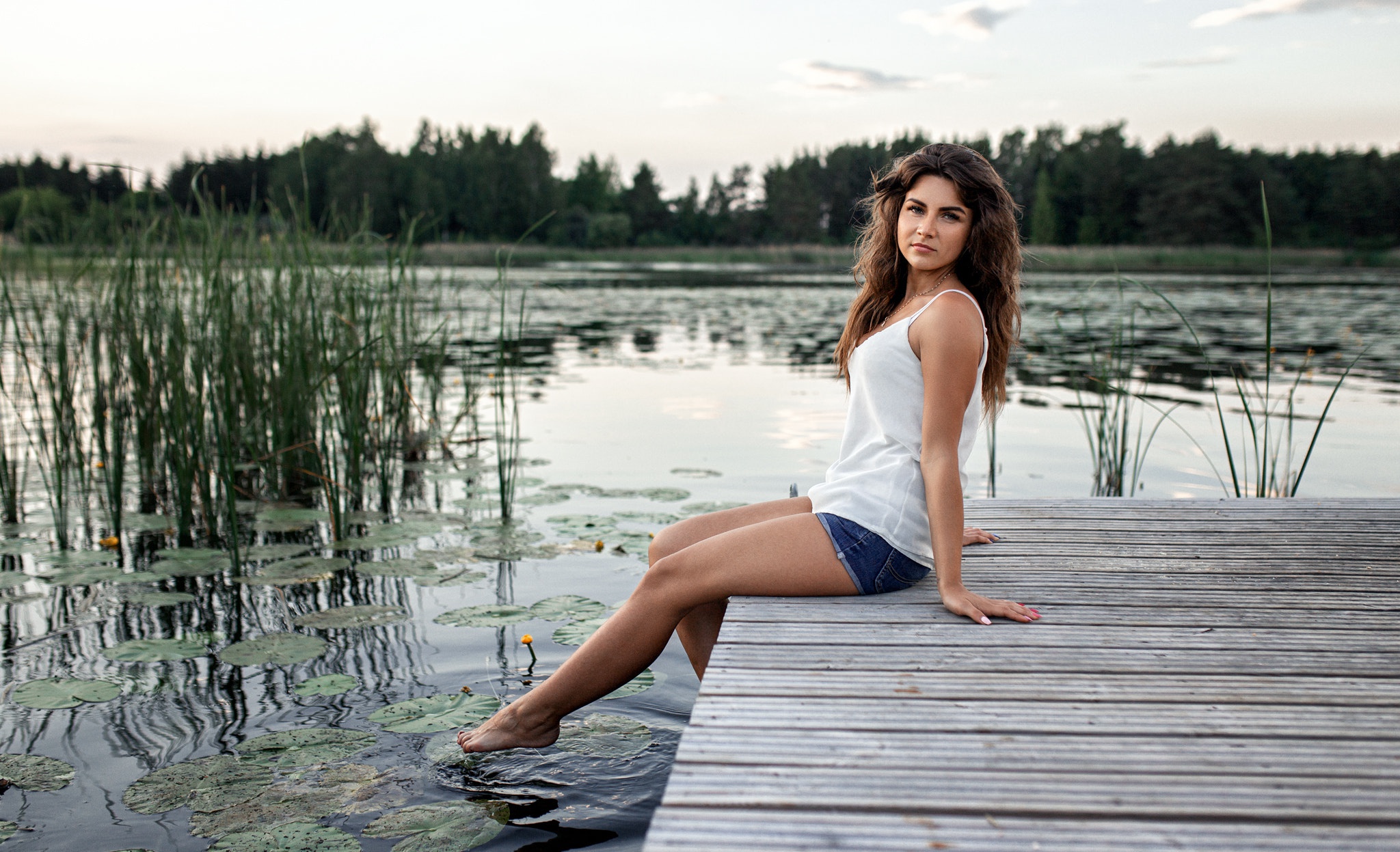 Download mobile wallpaper Lake, Brunette, Model, Women, Shorts, Depth Of Field for free.