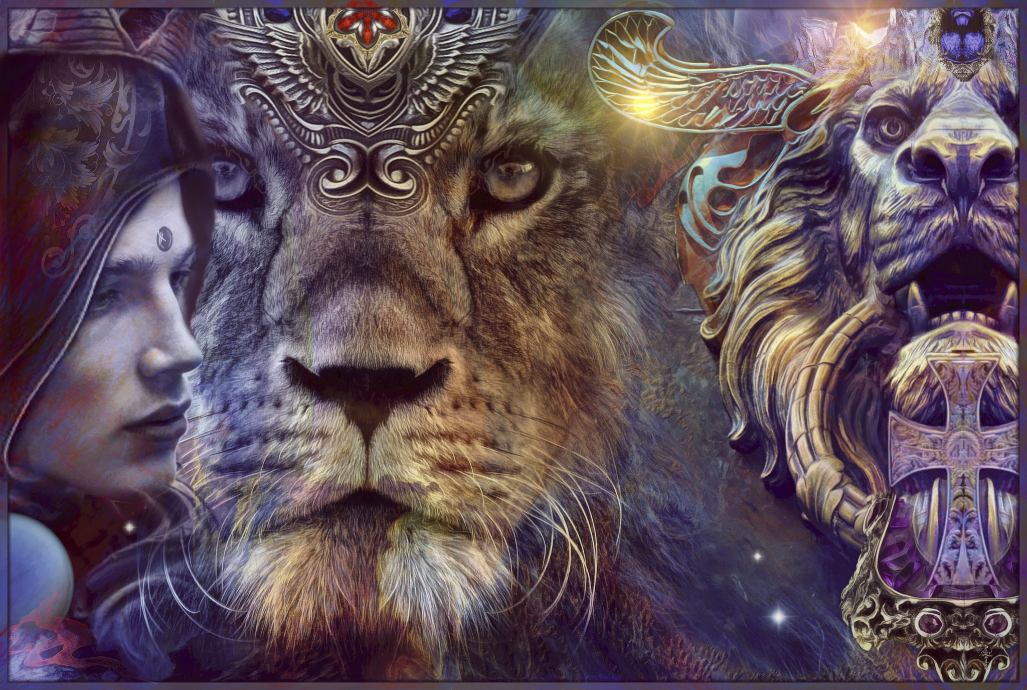 Free download wallpaper Lion, Collage, Artistic, Cross on your PC desktop