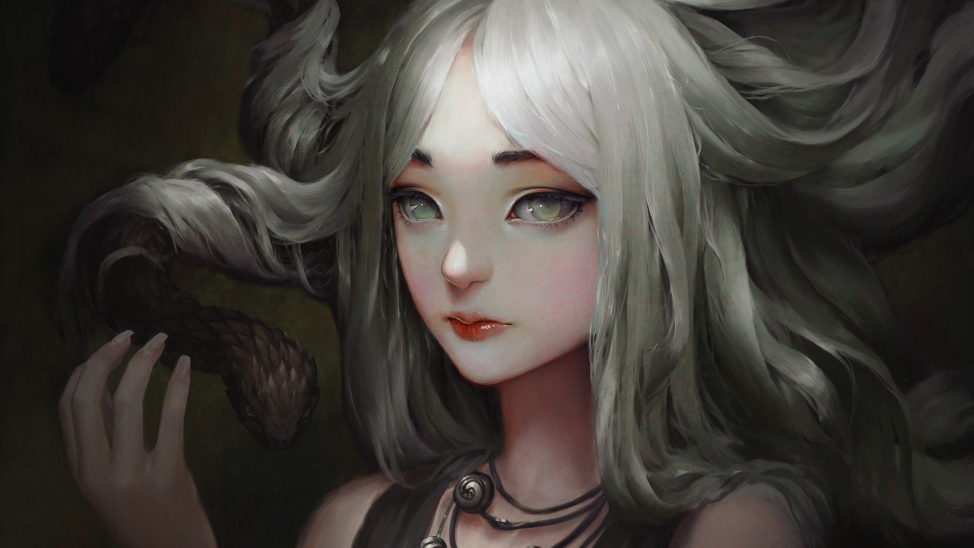 Horizontal Wallpaper fantasy, medusa, snake, white eyes, white hair