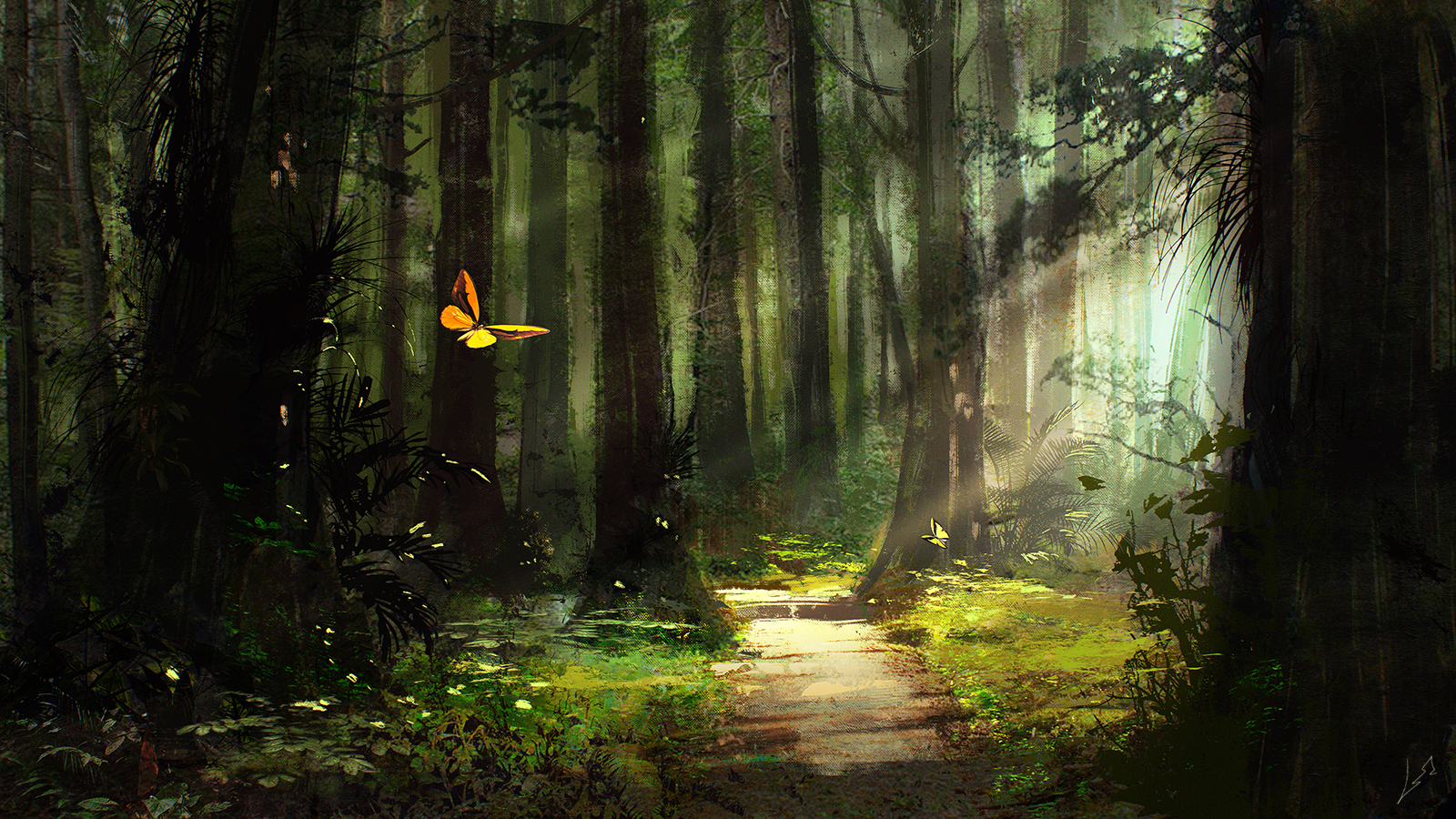 Download mobile wallpaper Forest, Tree, Path, Butterfly, Sunlight, Artistic, Sunshine for free.