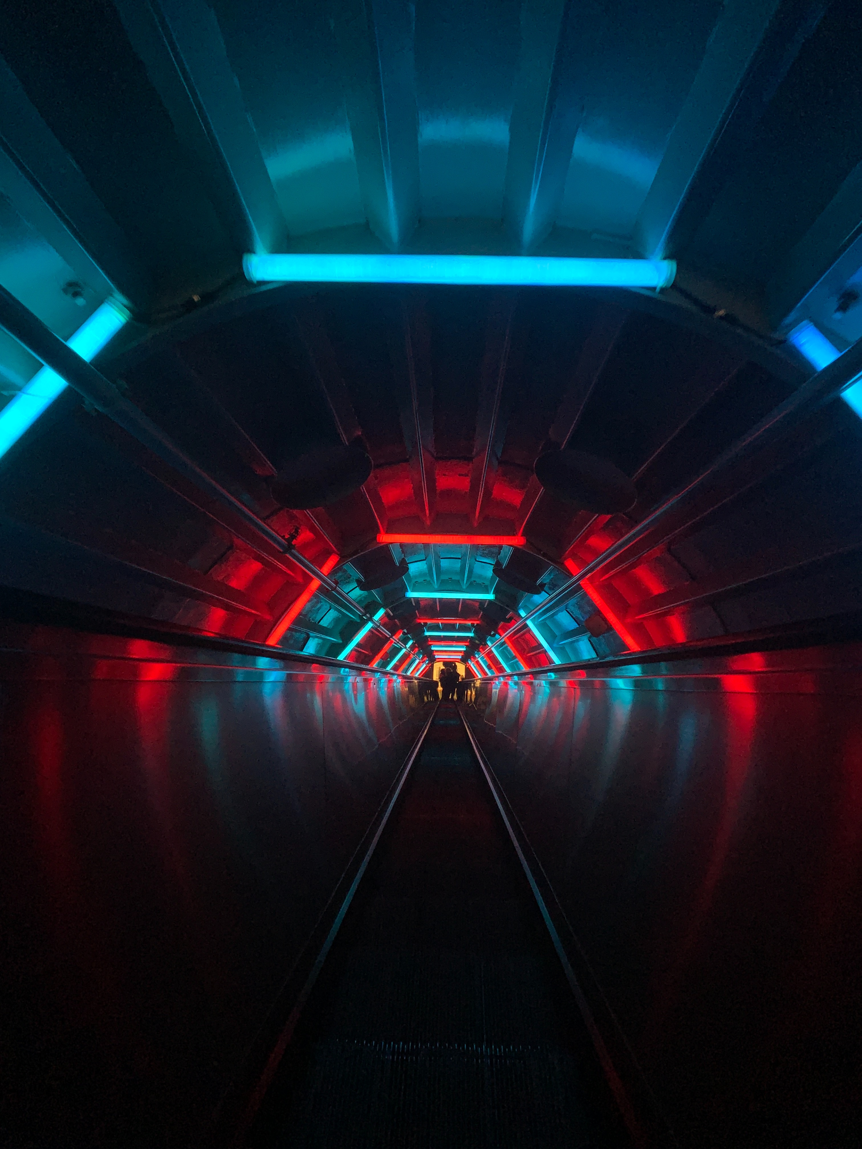 blue, red, dark, neon, tunnel, escalator