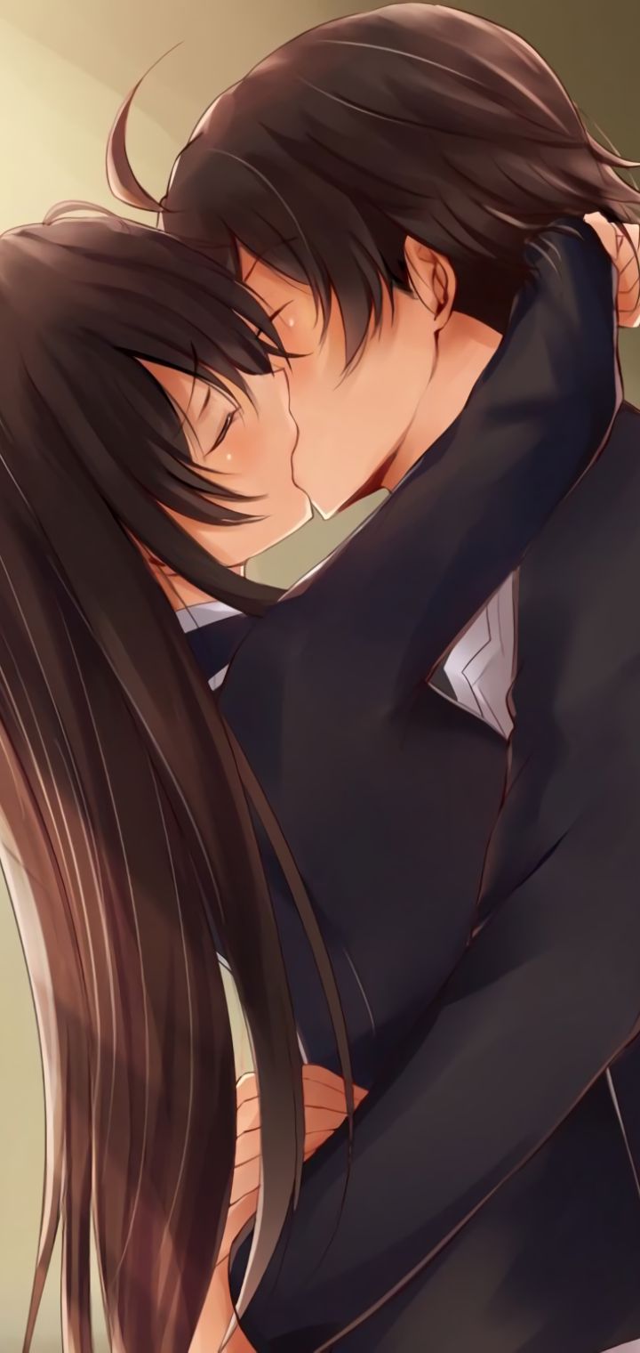 Download mobile wallpaper Anime, Kiss, School Uniform, Long Hair, Brown Hair, My Teen Romantic Comedy Snafu, Yukino Yukinoshita, Hachiman Hikigaya for free.