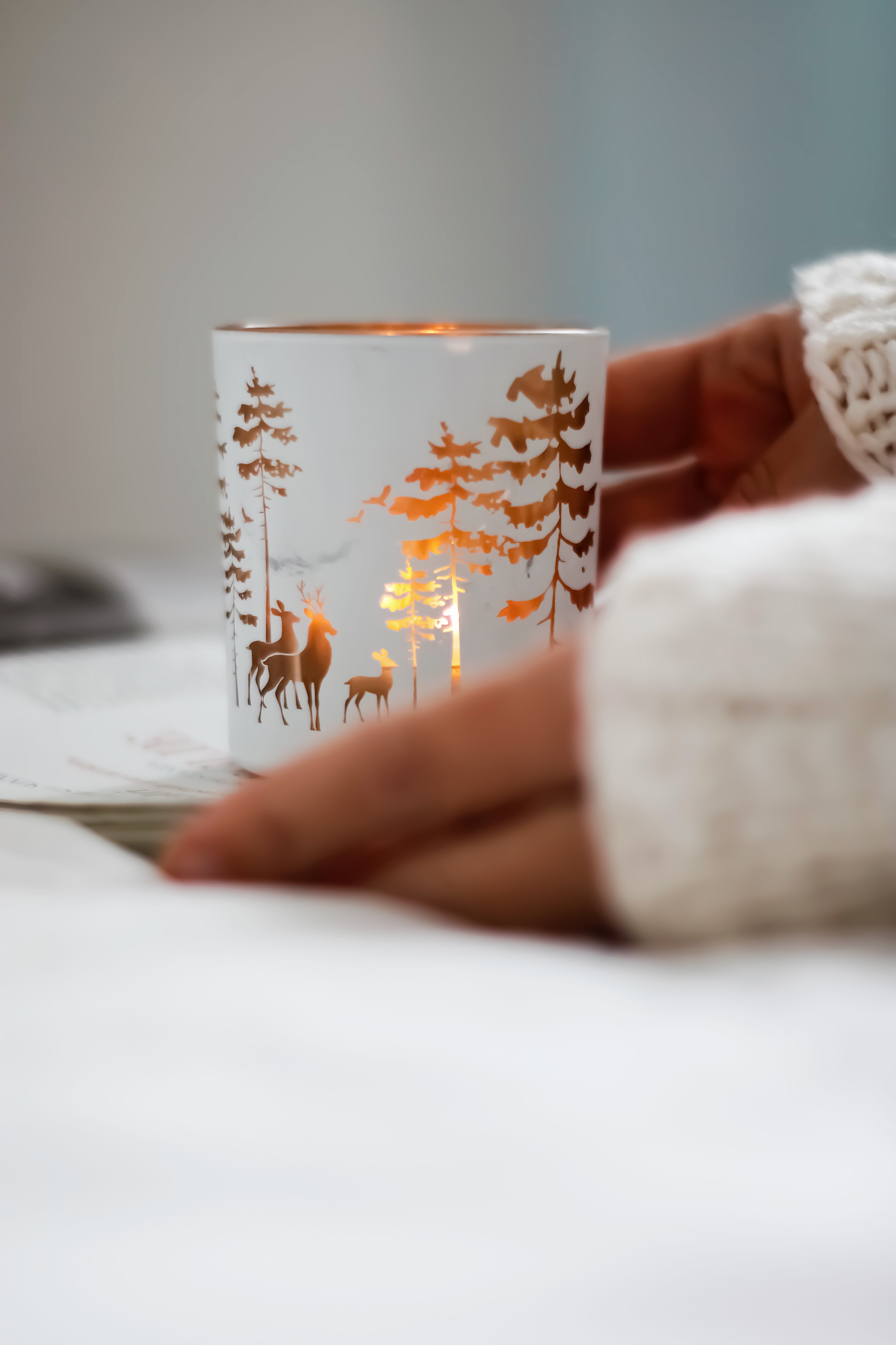 Free download wallpaper Trees, Deers, Miscellanea, Decoration, Mug, Cup, Miscellaneous on your PC desktop