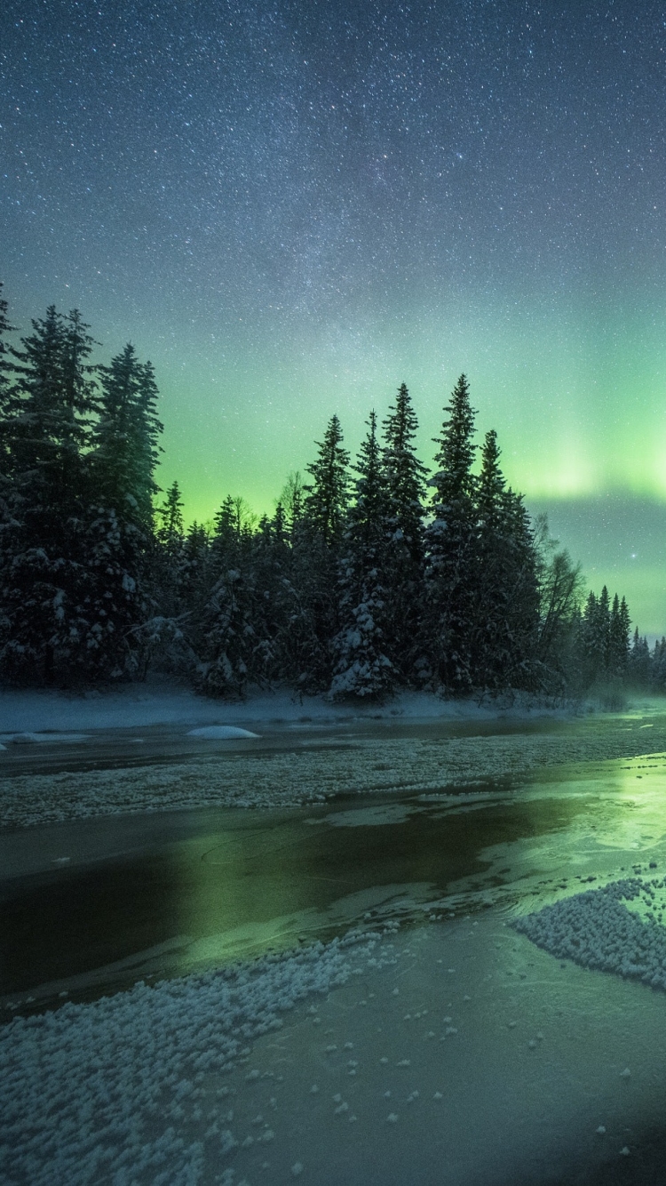 Download mobile wallpaper Winter, Nature, Night, Light, Starry Sky, Earth, Aurora Borealis, River for free.