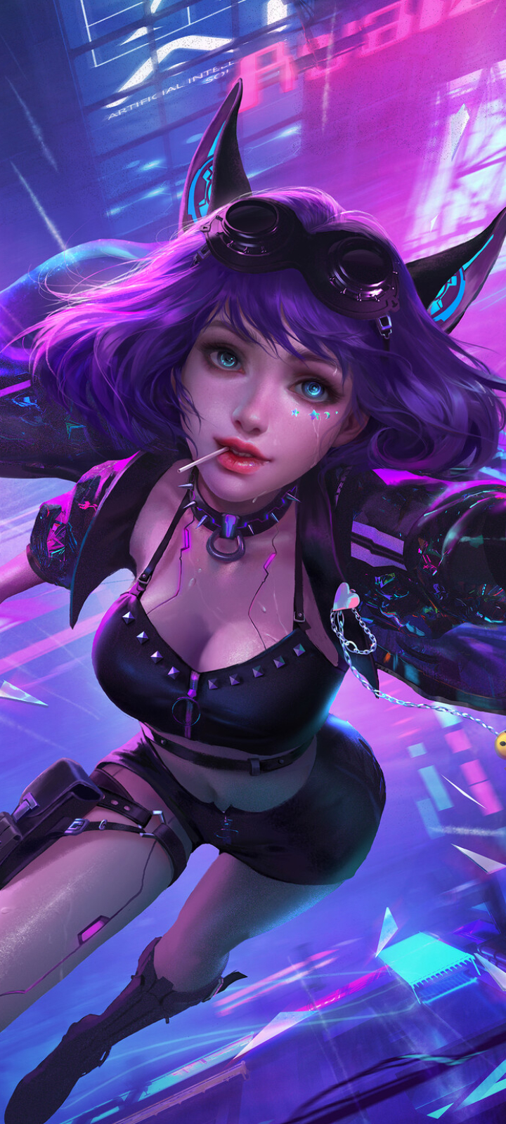 Download mobile wallpaper Cyberpunk, Sci Fi, Cyborg, Futuristic, Aqua Eyes, Purple Hair for free.