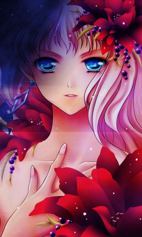 Download mobile wallpaper Anime, Fantasy, Night, Flower, Girl, Blue Eyes for free.