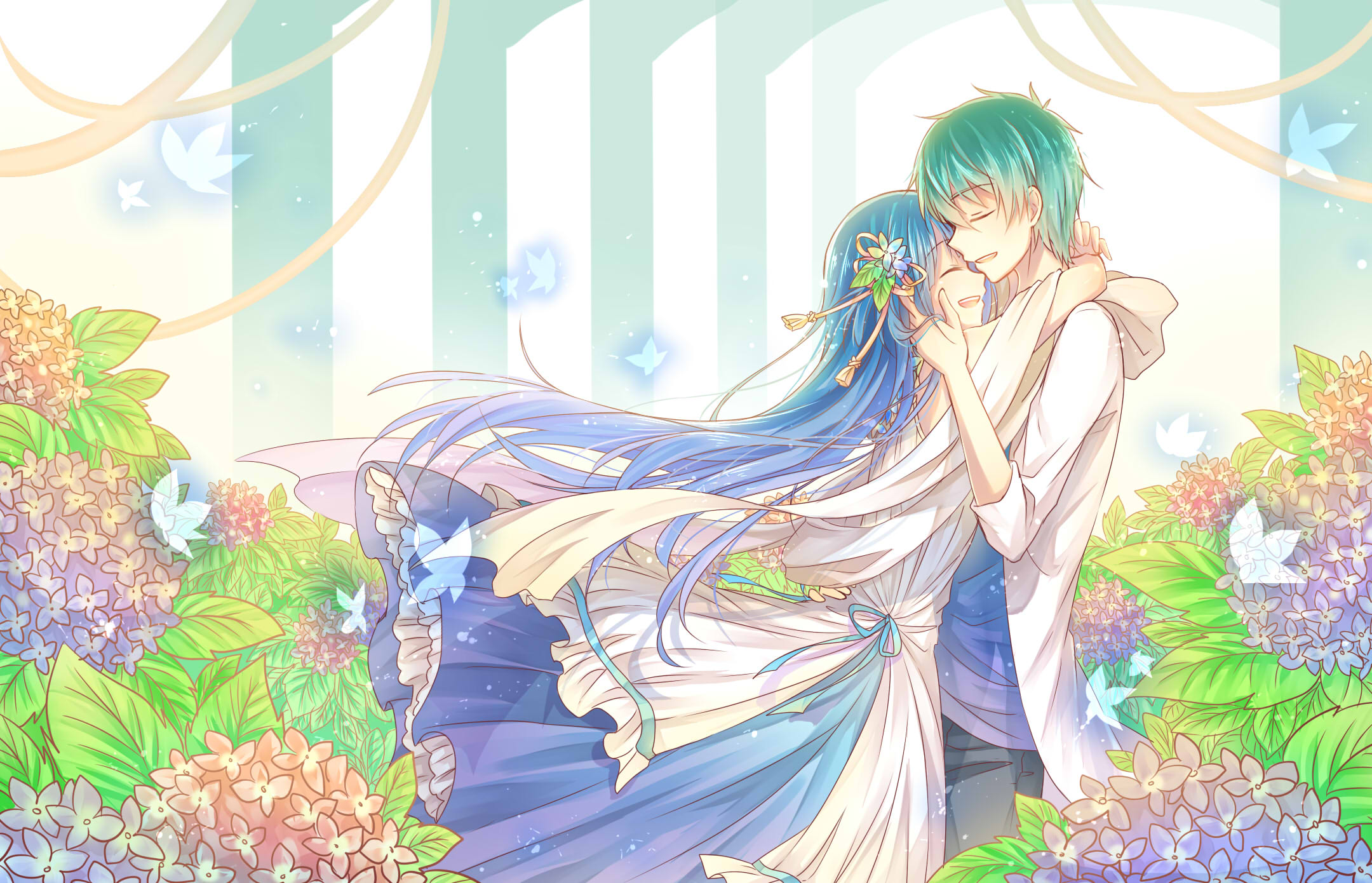 Download mobile wallpaper Anime, Couple, Green Hair, Blue Hair for free.