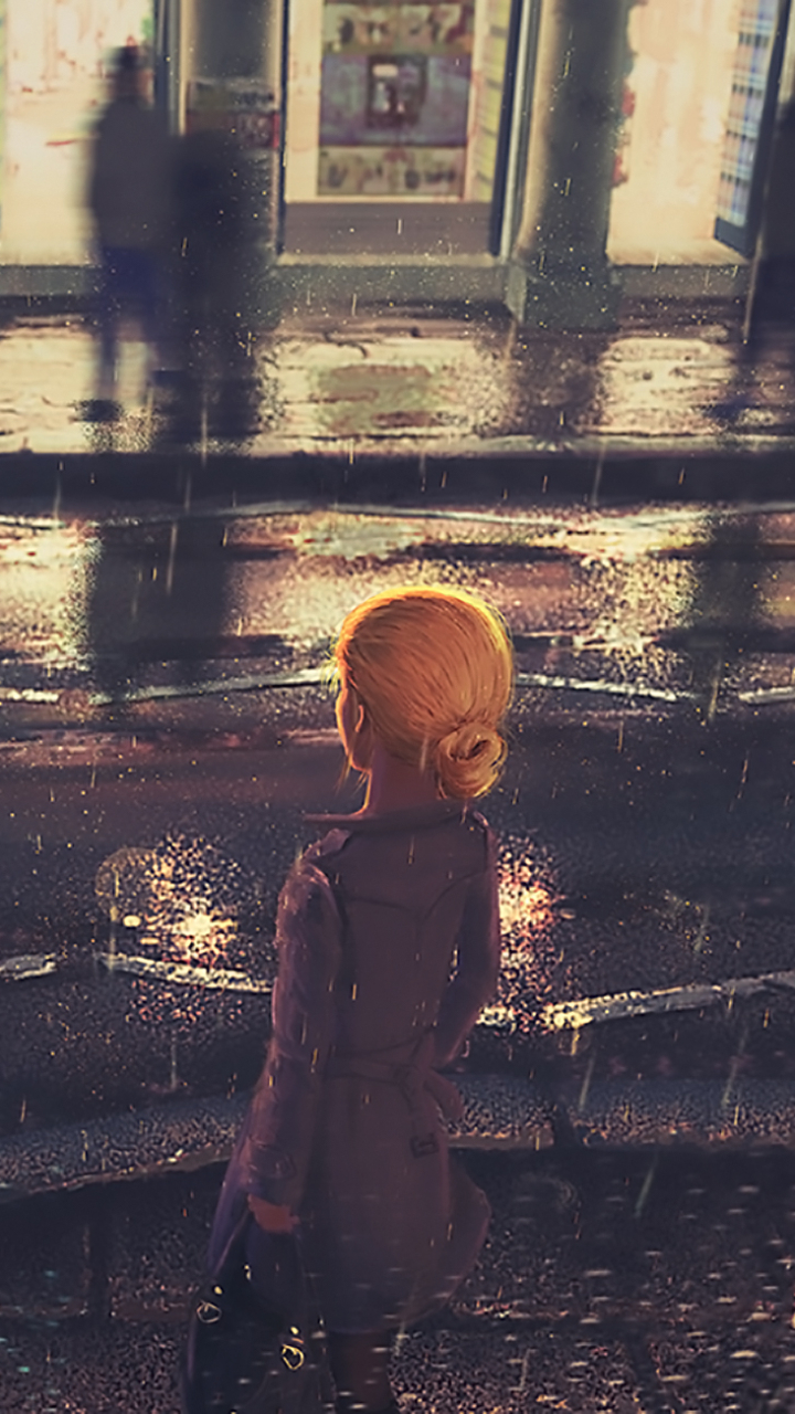 Download mobile wallpaper Anime, Rain, Reflection, Street, Blonde, Original for free.