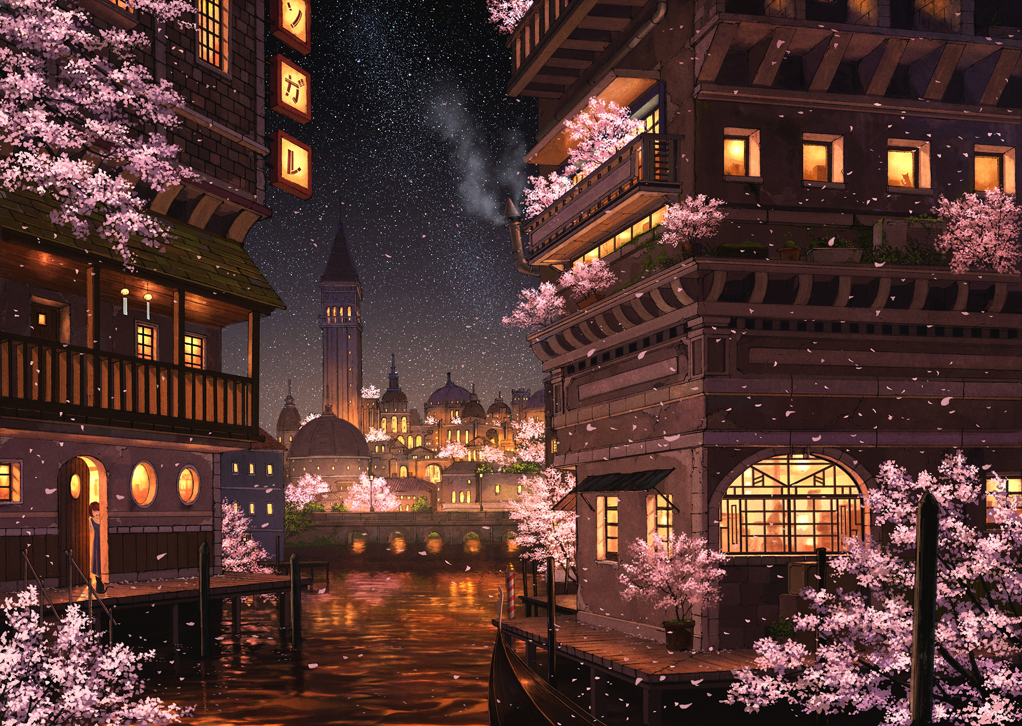 PCデスクトップに街, 桜の花, アニメ画像を無料でダウンロード