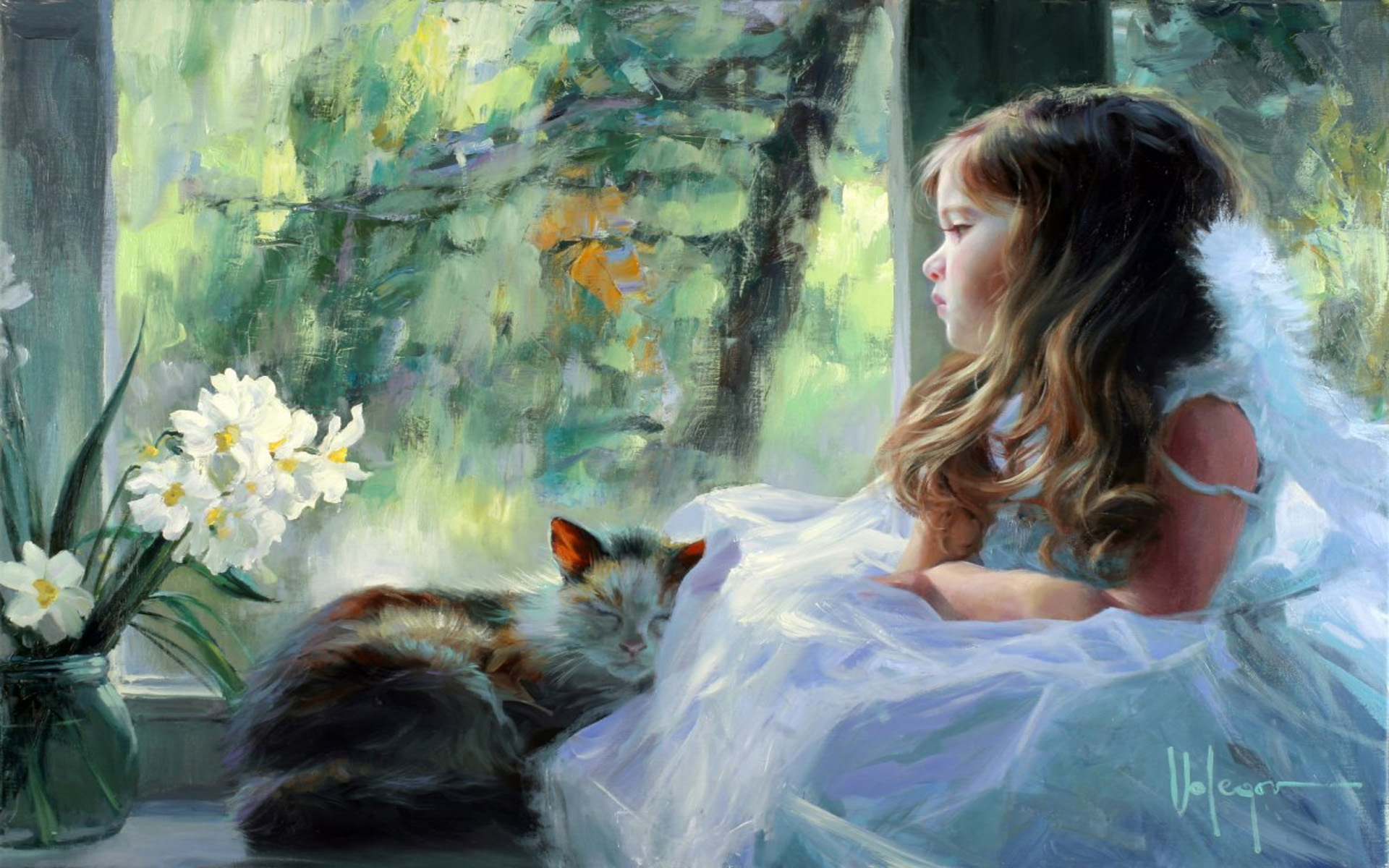 Download mobile wallpaper Cat, Window, Painting, Artistic, Little Girl for free.