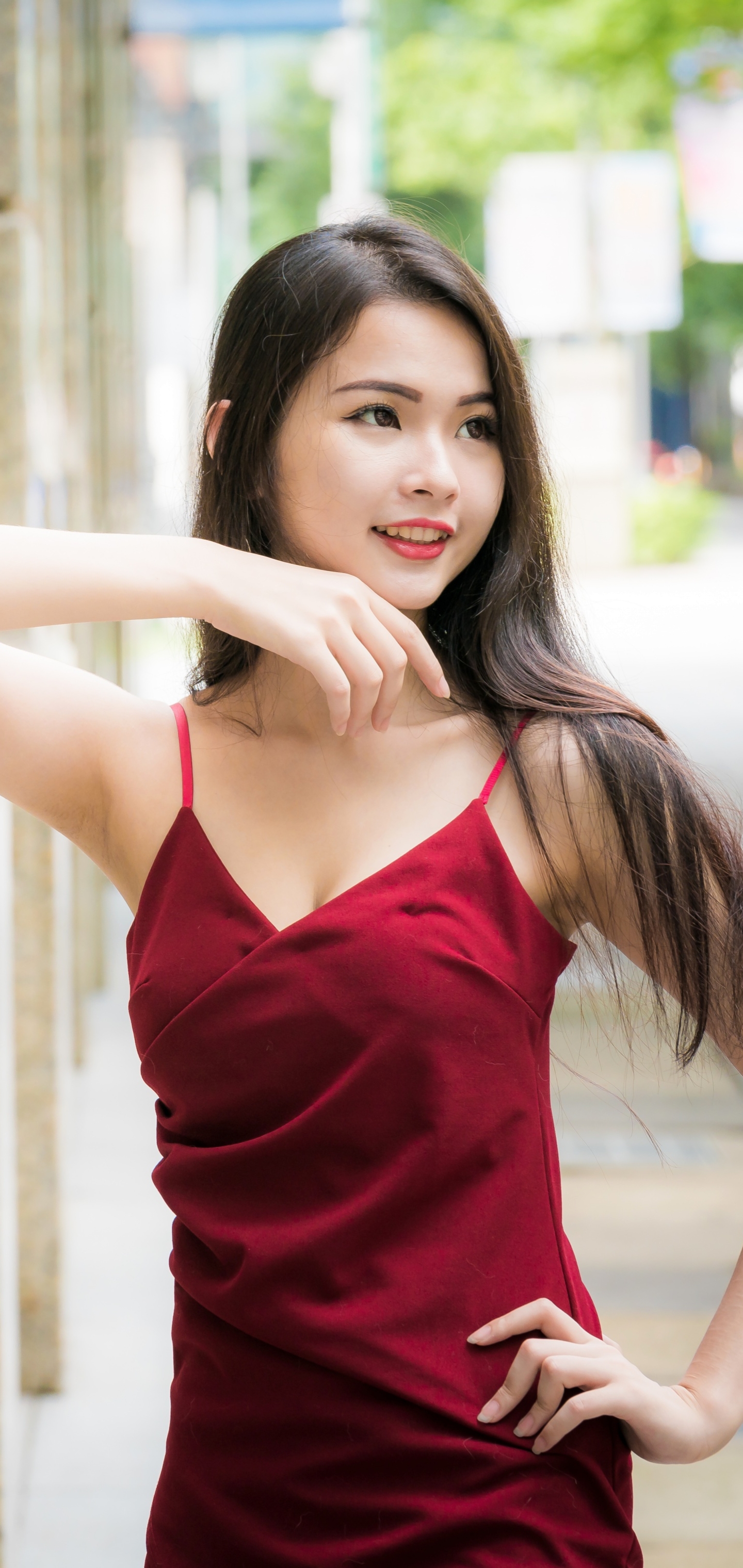 Download mobile wallpaper Brunette, Model, Women, Asian, Long Hair, Red Dress for free.