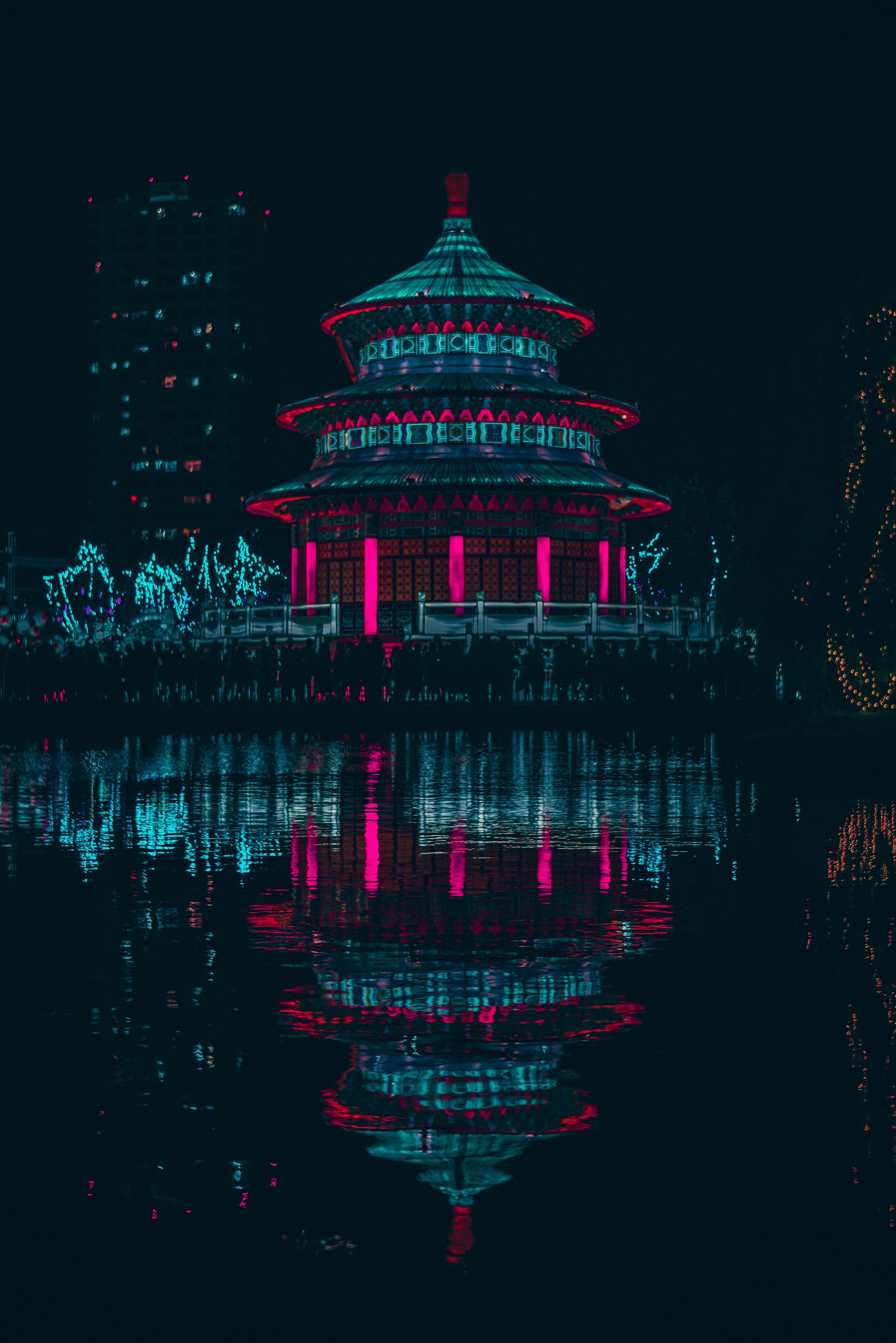 neon, dark, building, water, reflection wallpaper for mobile