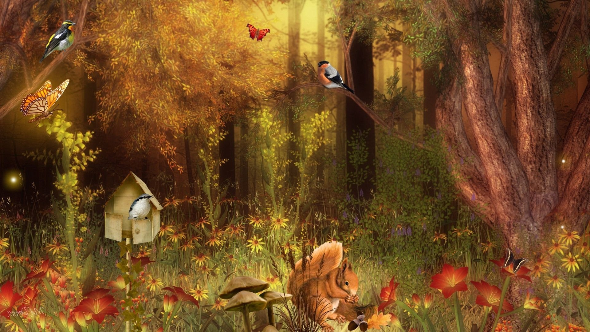 PCデスクトップに蝶, 木, ファンタジー, 秋, 花, 森, 芸術的画像を無料でダウンロード