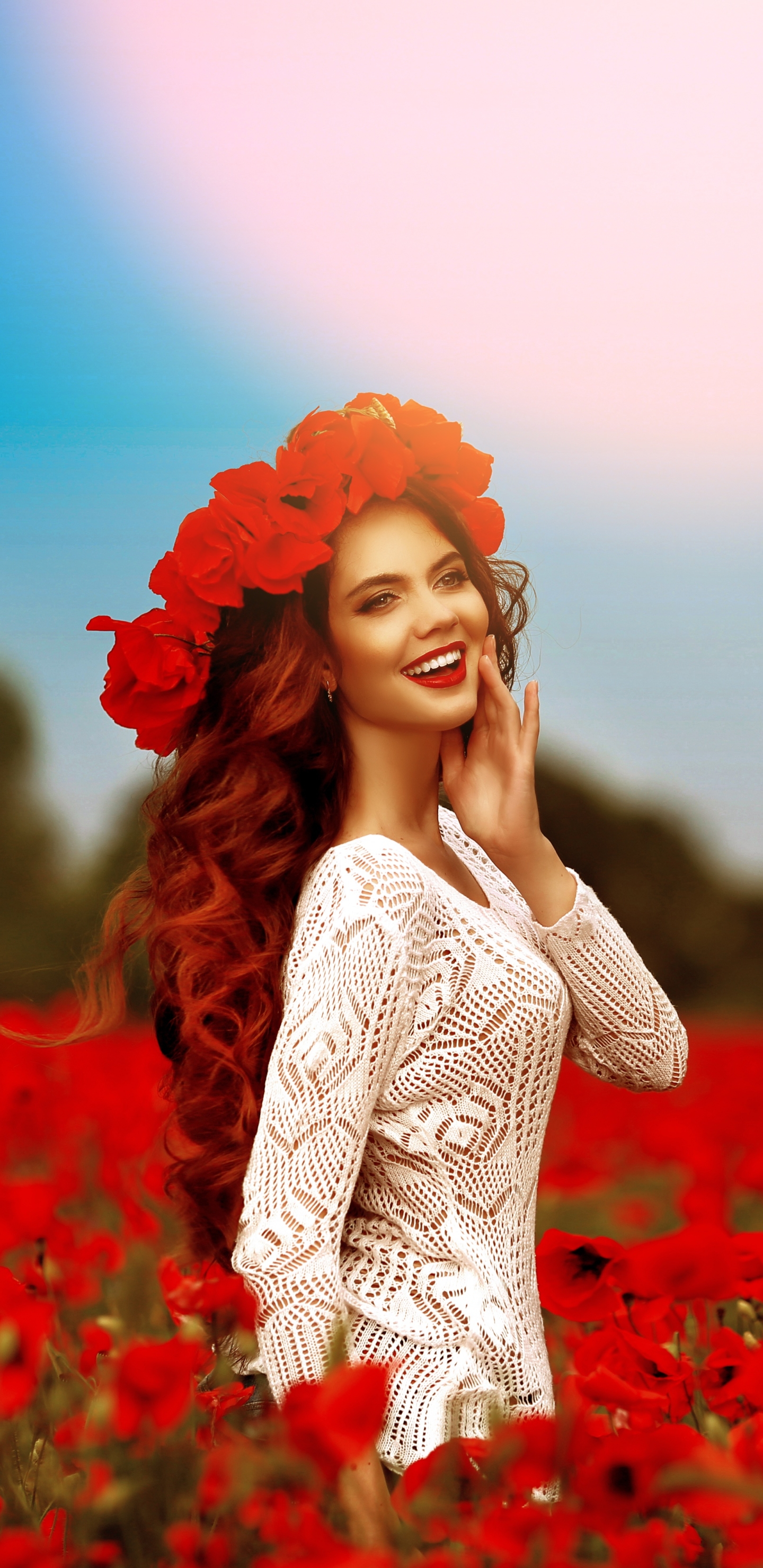 Download mobile wallpaper Field, Smile, Redhead, Poppy, Wreath, Model, Women, Red Flower, Lipstick for free.