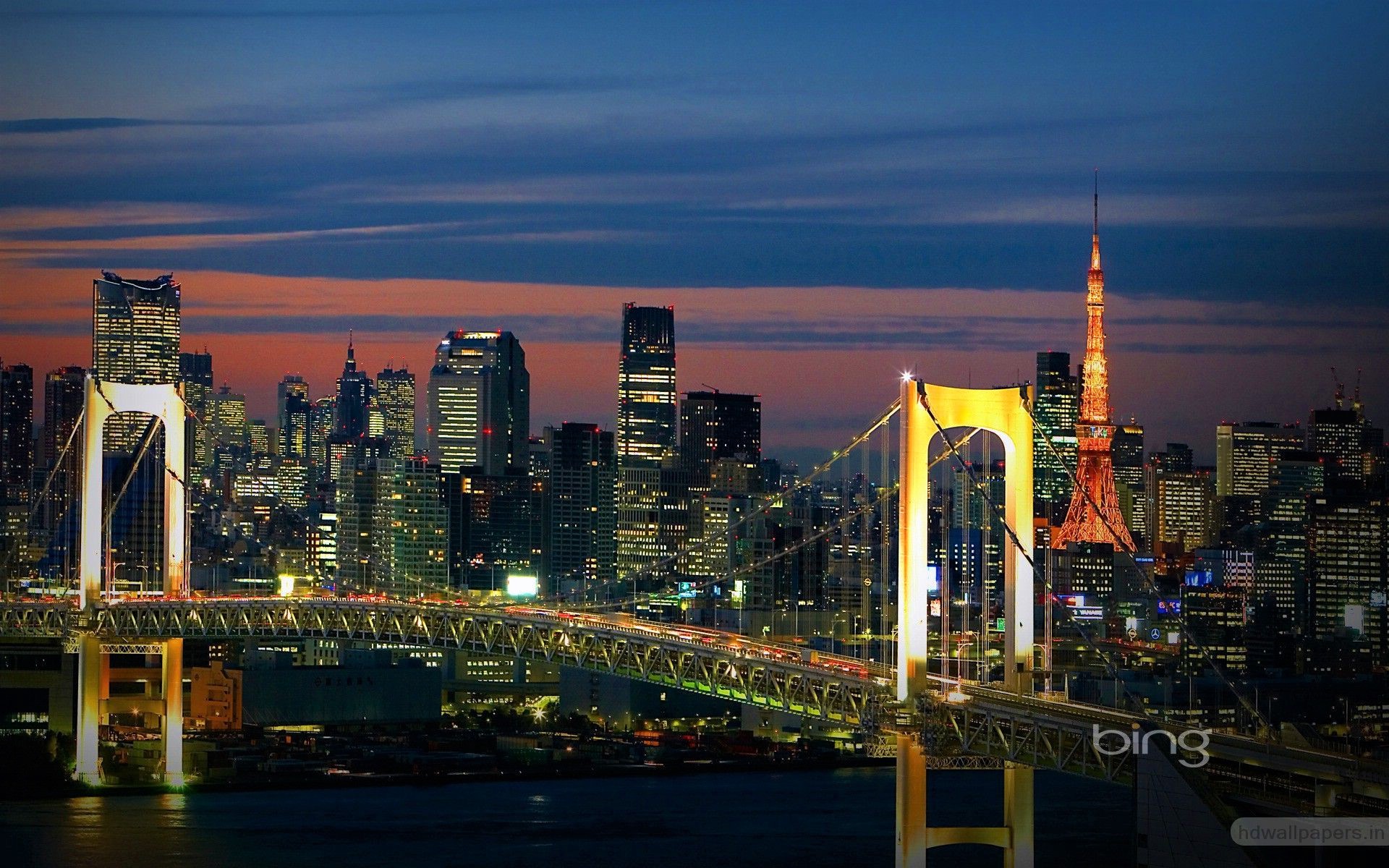 Скачать обои бесплатно Ночь, Город, Мост, Япония, Токио, Легкий, Сделано Человеком картинка на рабочий стол ПК