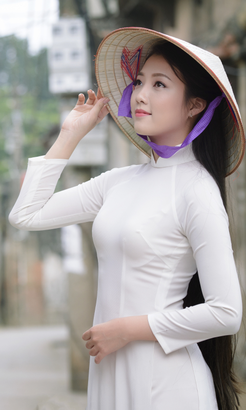 無料モバイル壁紙モデル, 女性, アジア人, ベトナム語, アオザイ, アジアの円錐形の帽子をダウンロードします。