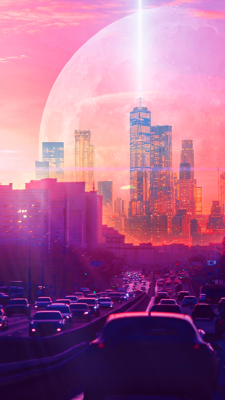 Download mobile wallpaper Sunset, City, Car, Cityscape, Sci Fi for free.