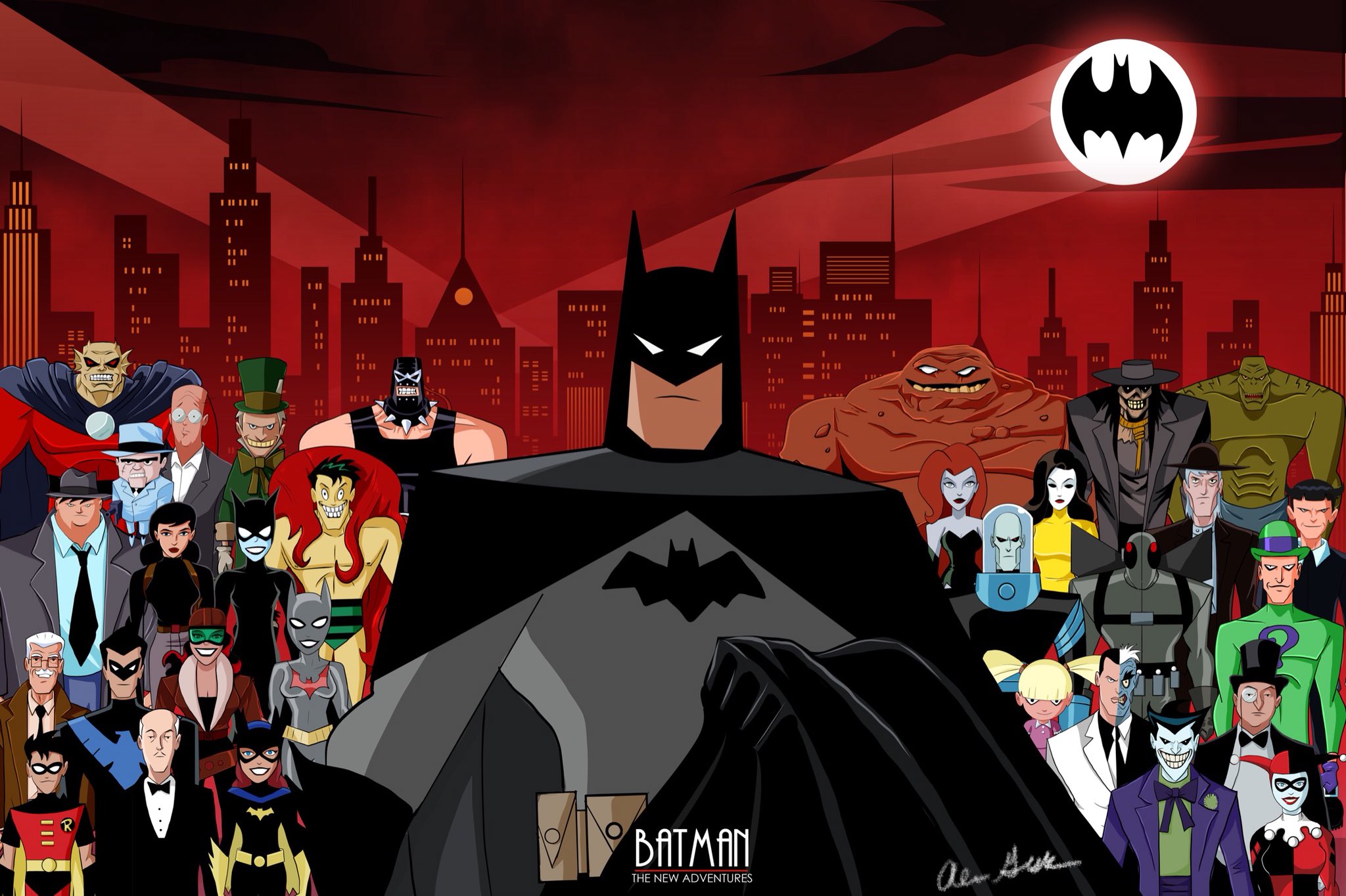 gotham city, tv show, the new batman adventures, bane (dc comics), barbara gordon, batman, batwoman, catwoman, clayface, dick grayson, firefly (dc comics), harley quinn, joker, killer croc, mad hatter (dc comics), nightwing, poison ivy, robin (dc comics), scarecrow (batman), the creeper, tim drake, two face