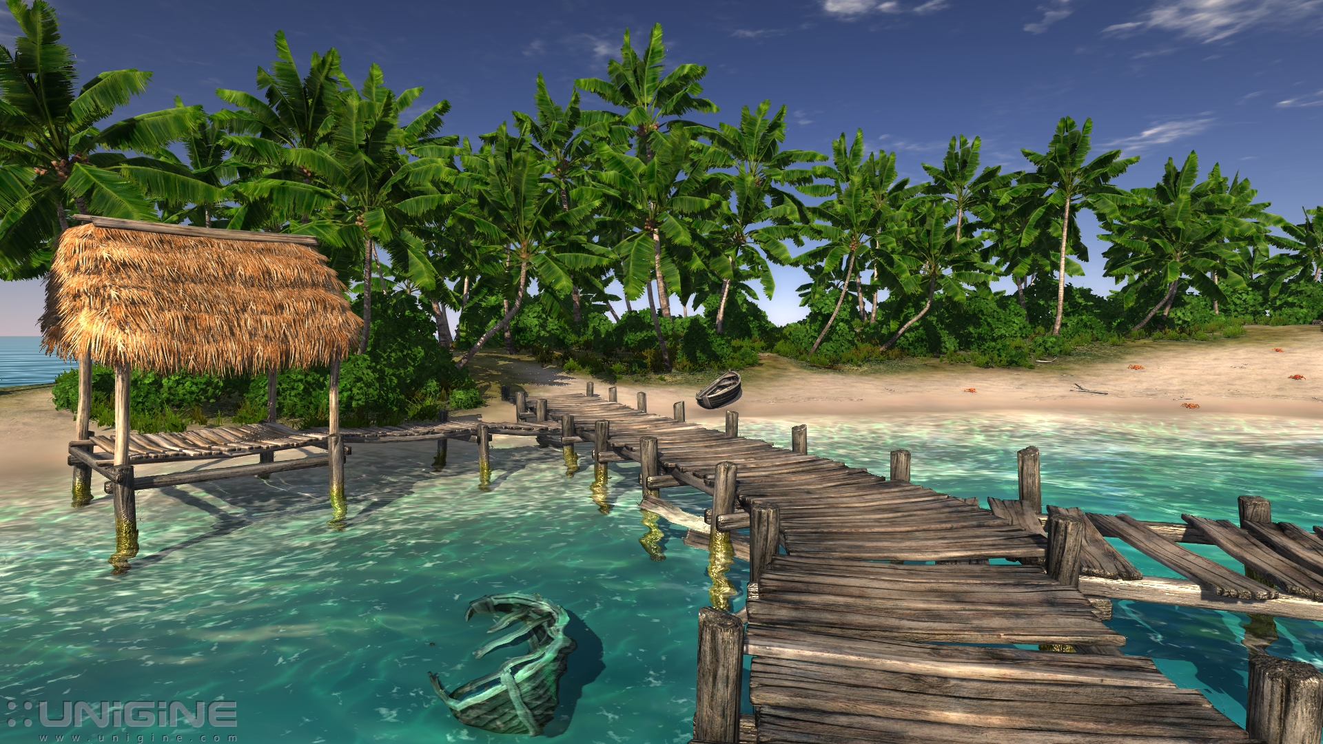 Laden Sie das Strand, Seebrücke, Palme, Insel, Tropisch, Hütte, Künstlerisch-Bild kostenlos auf Ihren PC-Desktop herunter