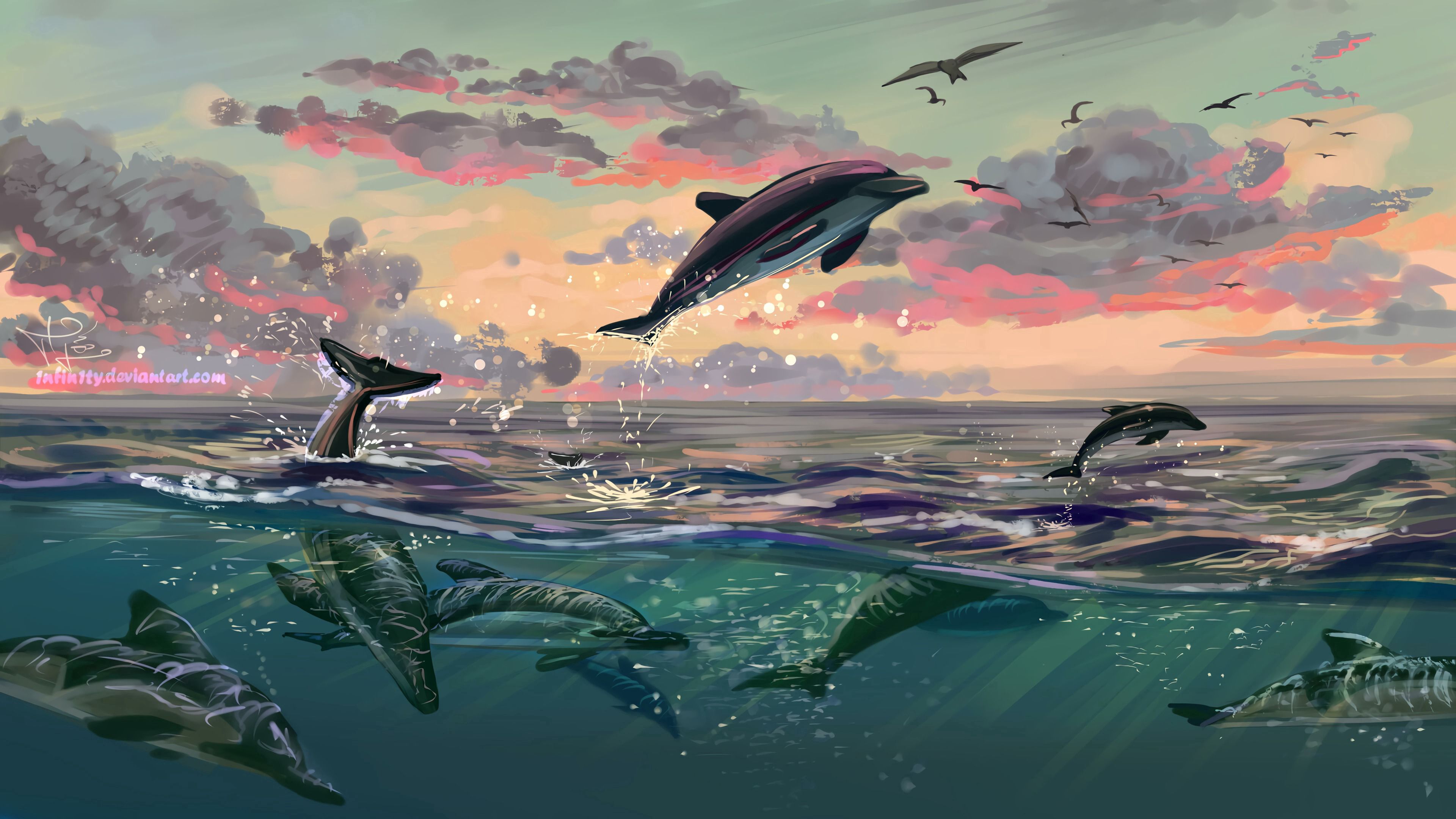 142399 Hintergrundbild herunterladen sea, delfine, kunst, wasser, prallen, springen - Bildschirmschoner und Bilder kostenlos