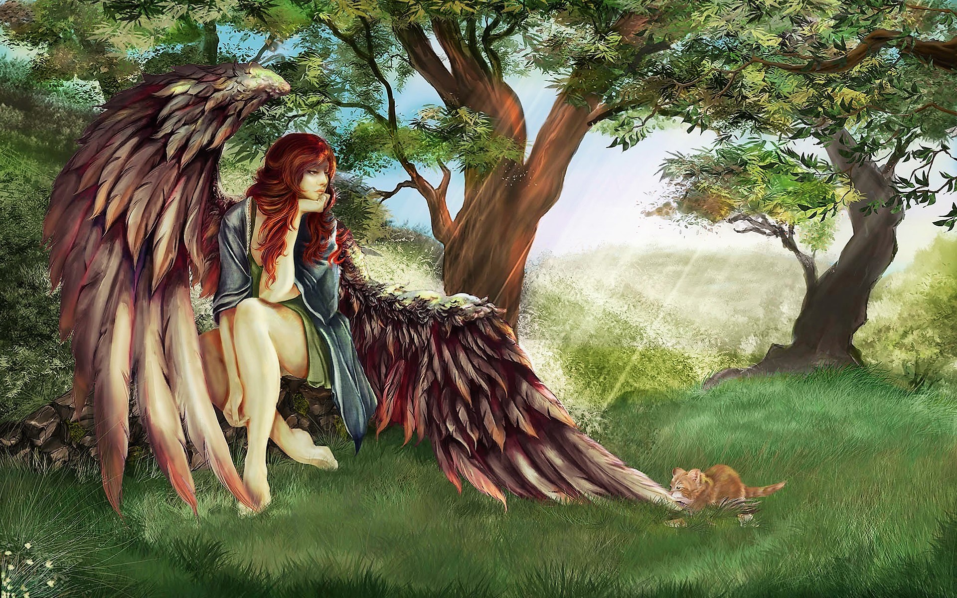 Download mobile wallpaper Fantasy, Grass, Tree, Wings, Angel for free.