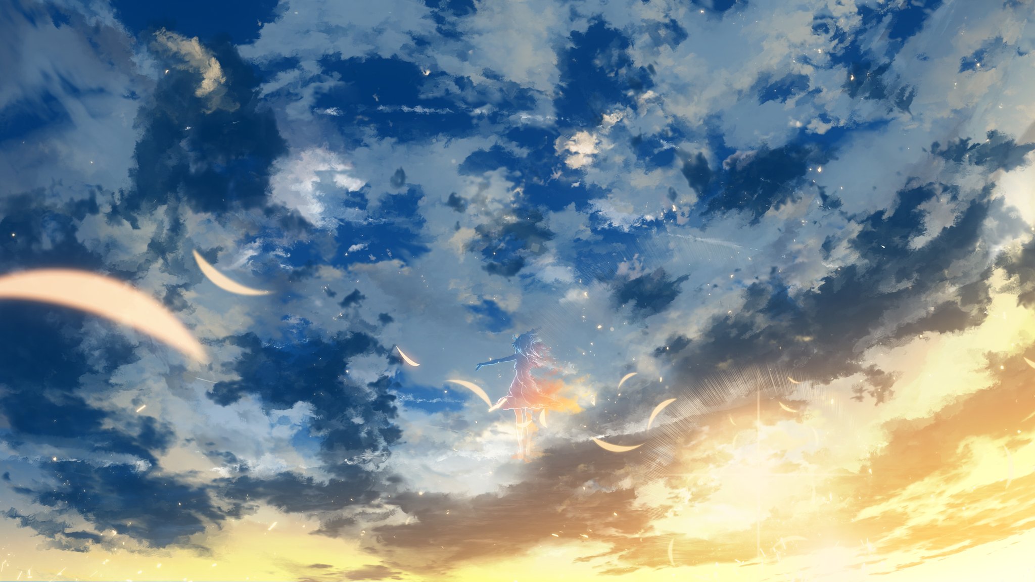 Baixe gratuitamente a imagem Anime, Pôr Do Sol, Céu, Silhueta, Pétala, Original, Cabelo Longo na área de trabalho do seu PC