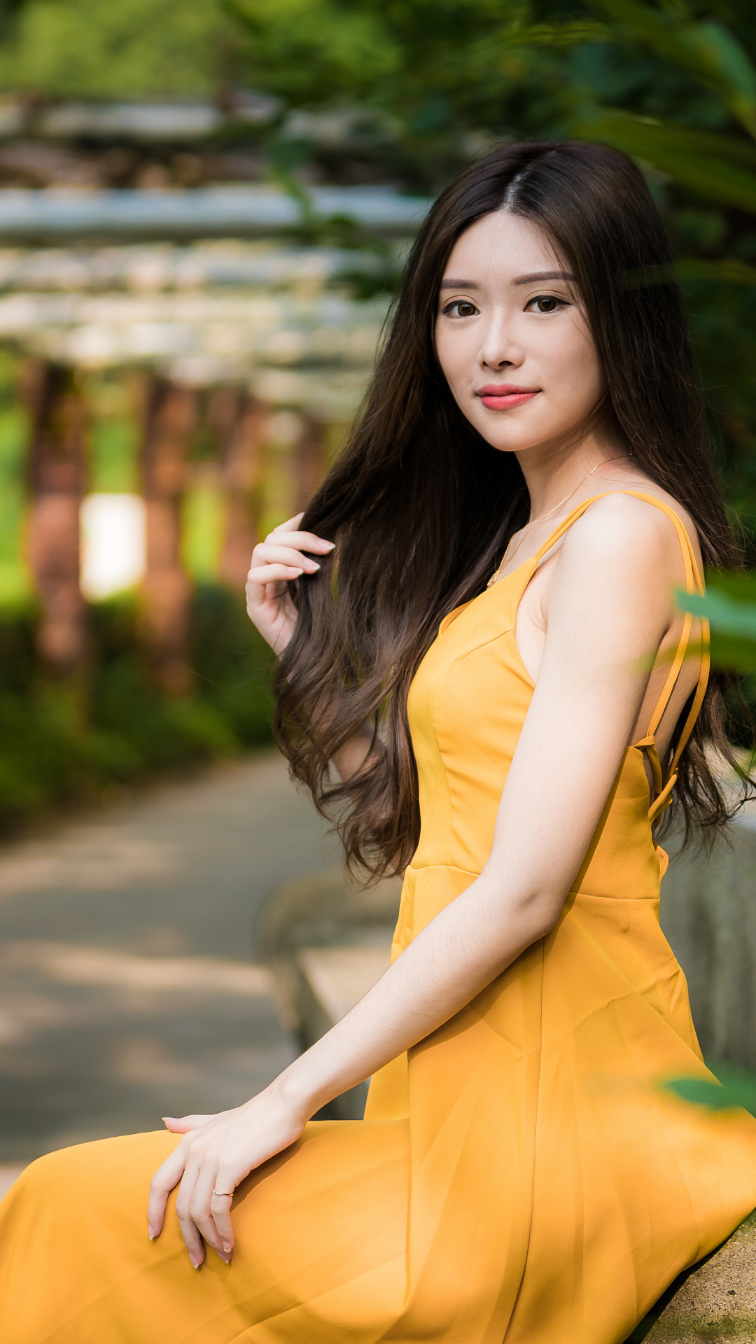 Download mobile wallpaper Model, Women, Yellow Dress, Asian, Black Hair for free.