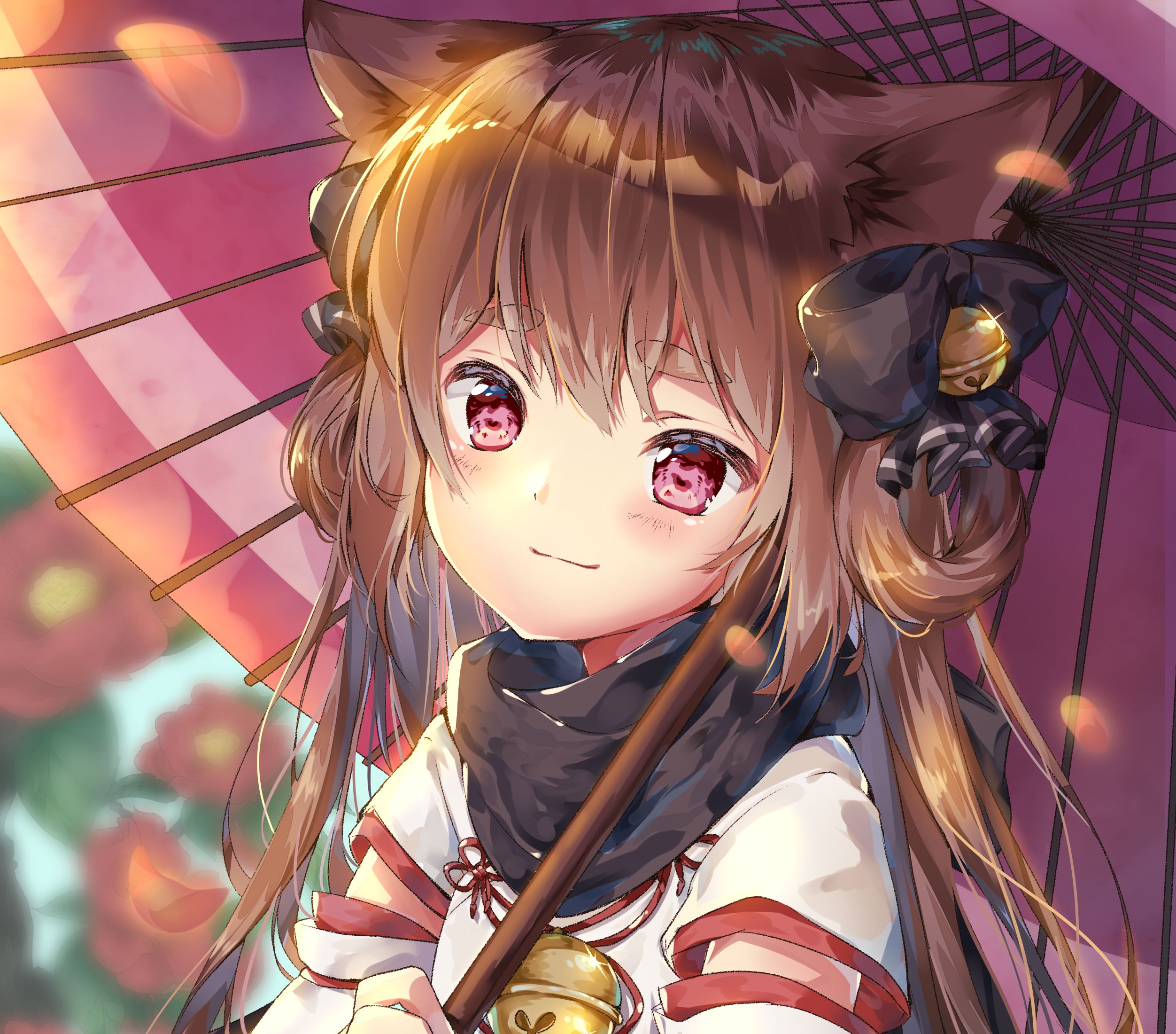 Download mobile wallpaper Anime, Flower, Smile, Poppy, Bell, Scarf, Original, Brown Eyes, Long Hair, Brown Hair, Twintails, Miko Outfit, Bow (Clothing), Parasol for free.