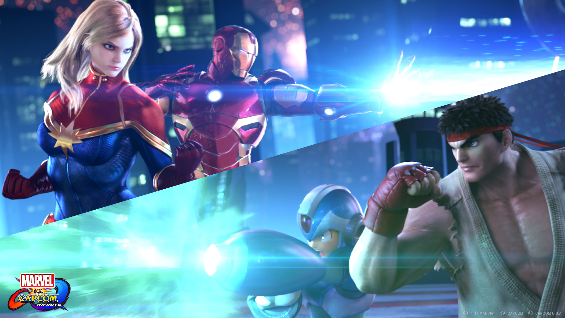 video game, marvel vs capcom: infinite, captain marvel, iron man, mega man x, ryu (street fighter)