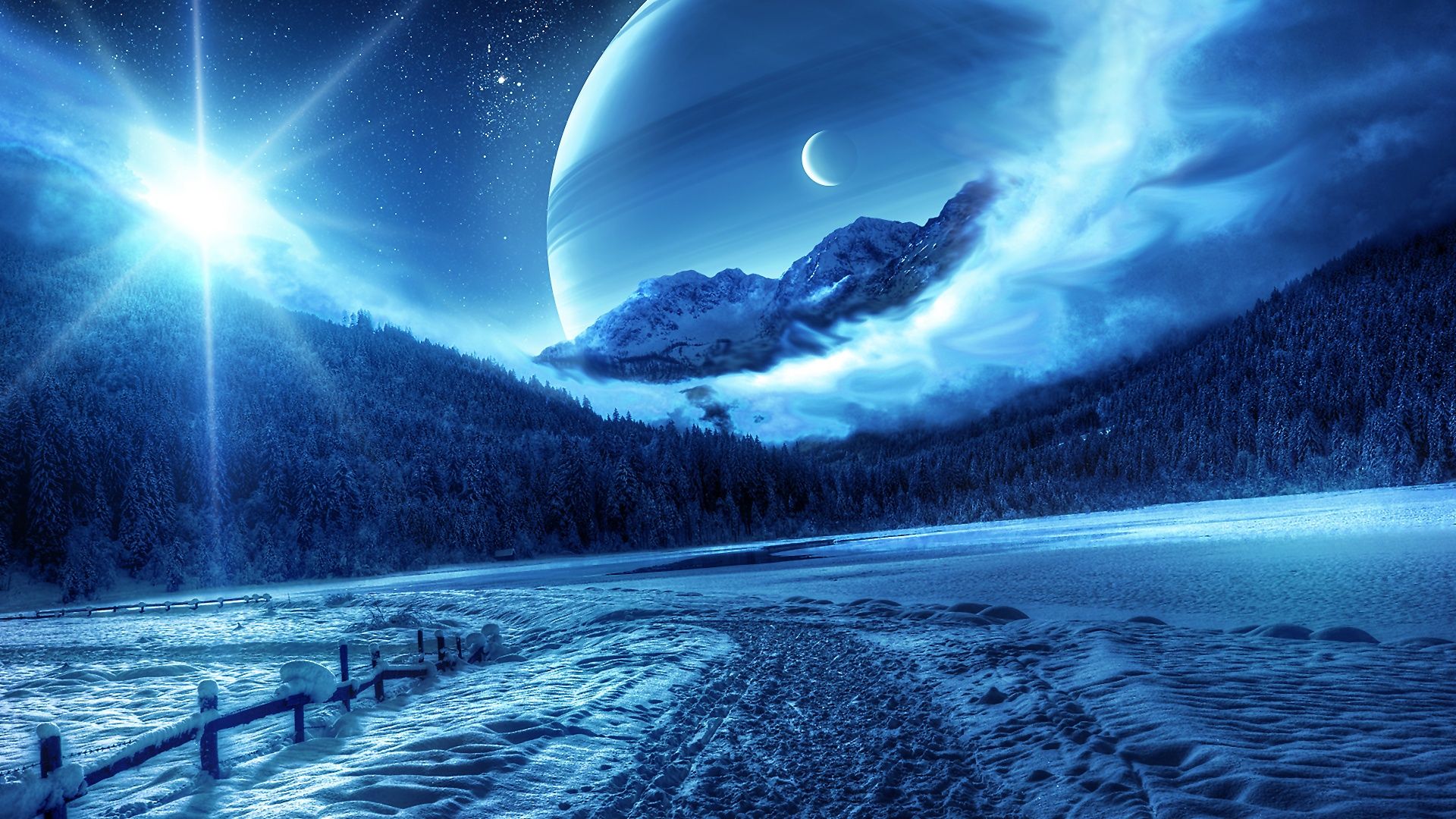 Download mobile wallpaper Landscape, Stars, Snow, Mountain, Road, Planet, Sci Fi for free.