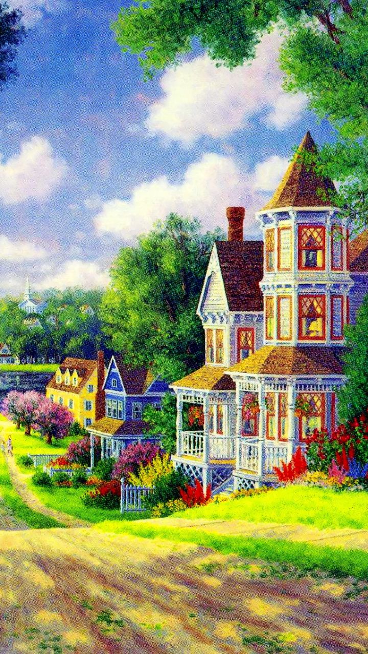 Download mobile wallpaper Road, House, Colorful, Painting, Artistic, Town for free.