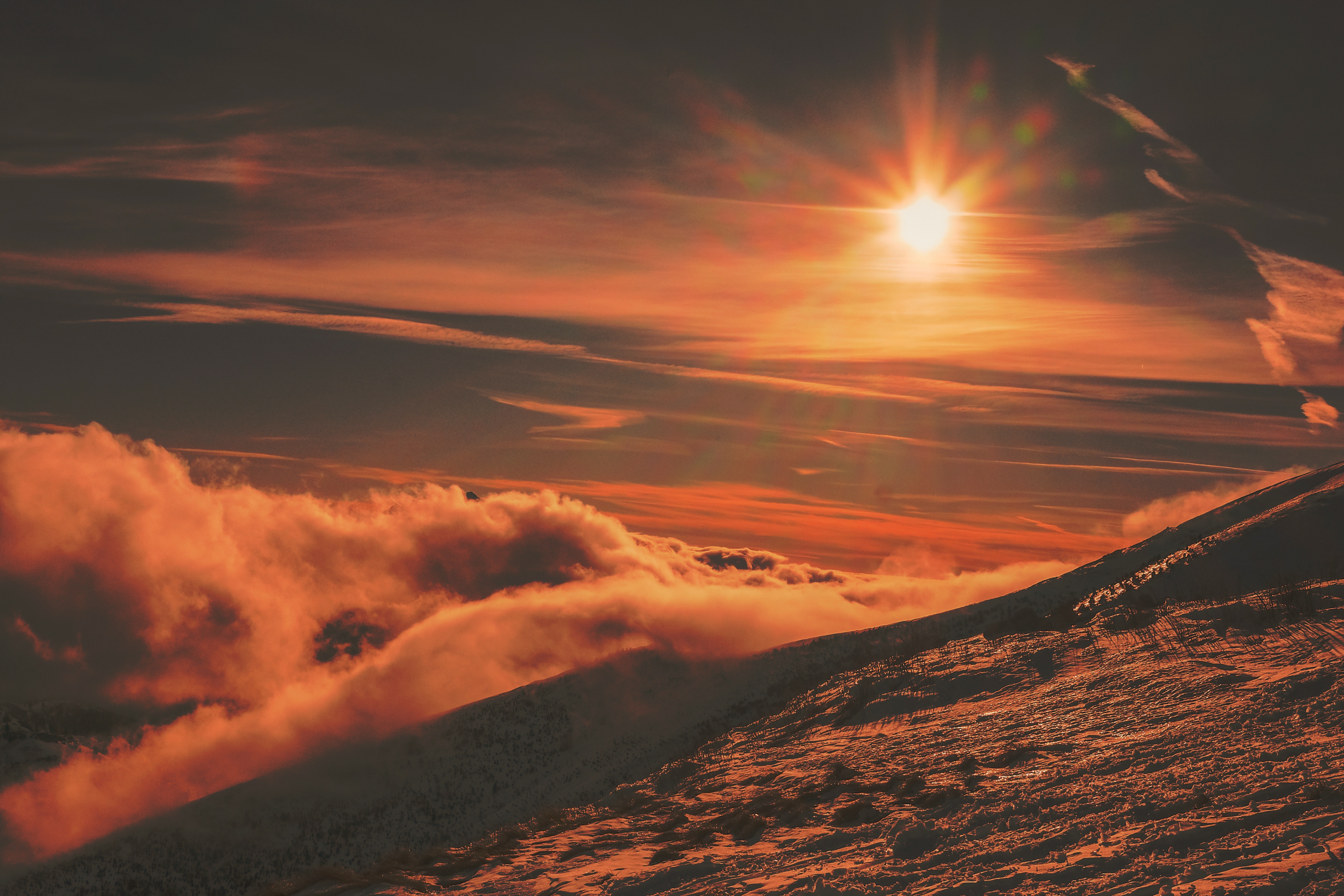 Free download wallpaper Nature, Sky, Mountains, Sunset, Snow on your PC desktop