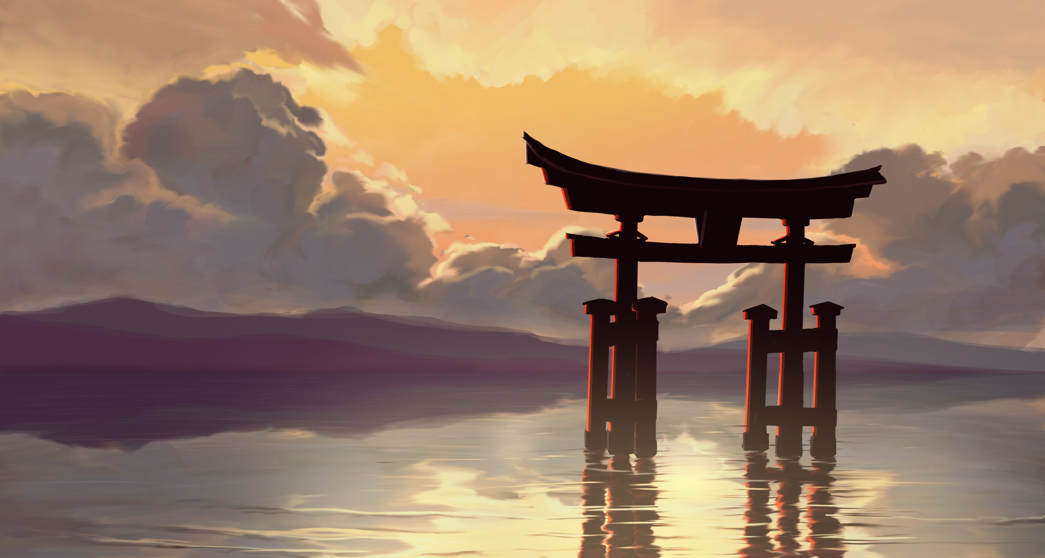 Download mobile wallpaper Anime, Landscape, Lake, Torii, Shrine for free.