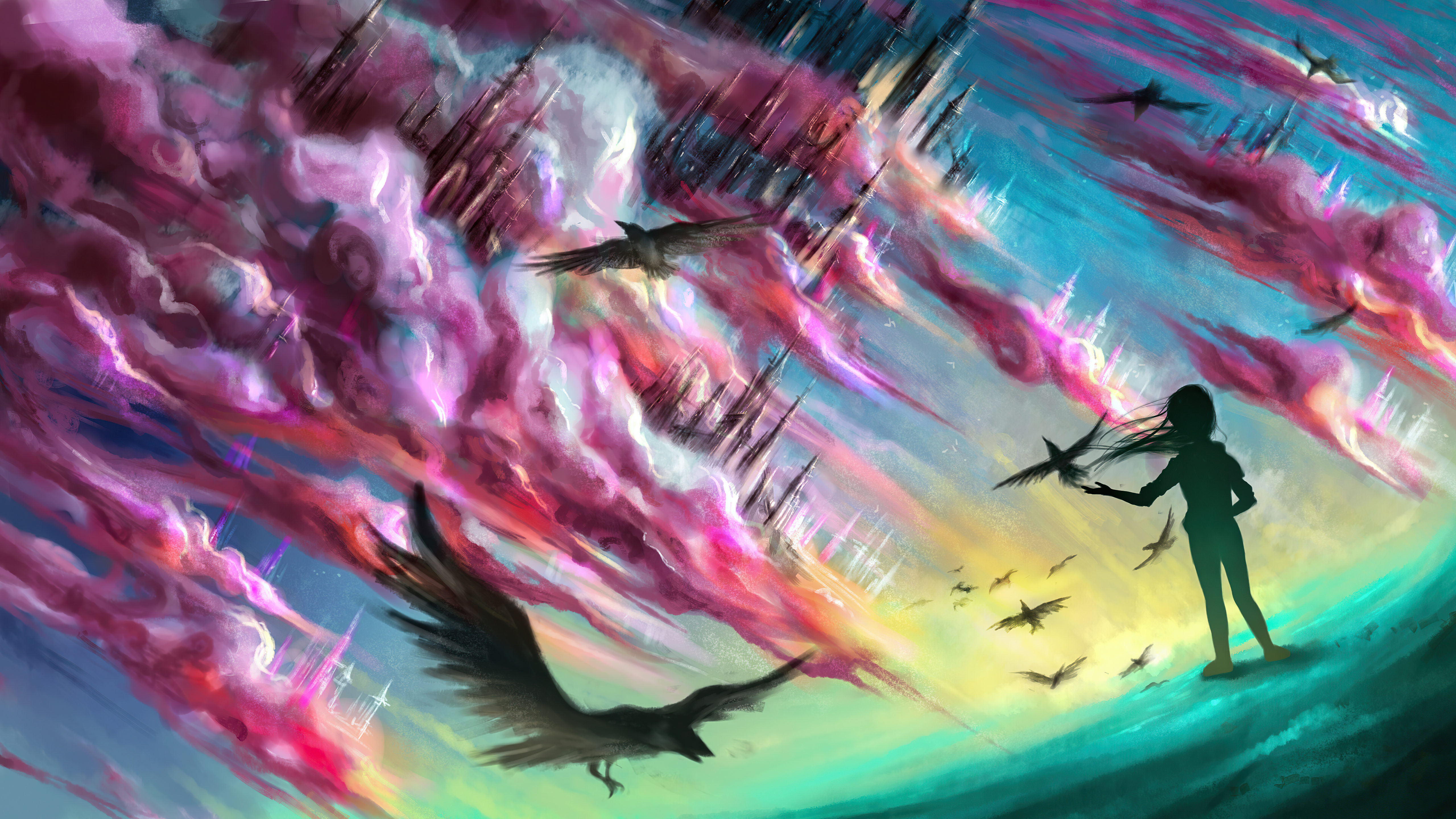 Download mobile wallpaper Fantasy, Bird, Cloud, Crow, Women for free.