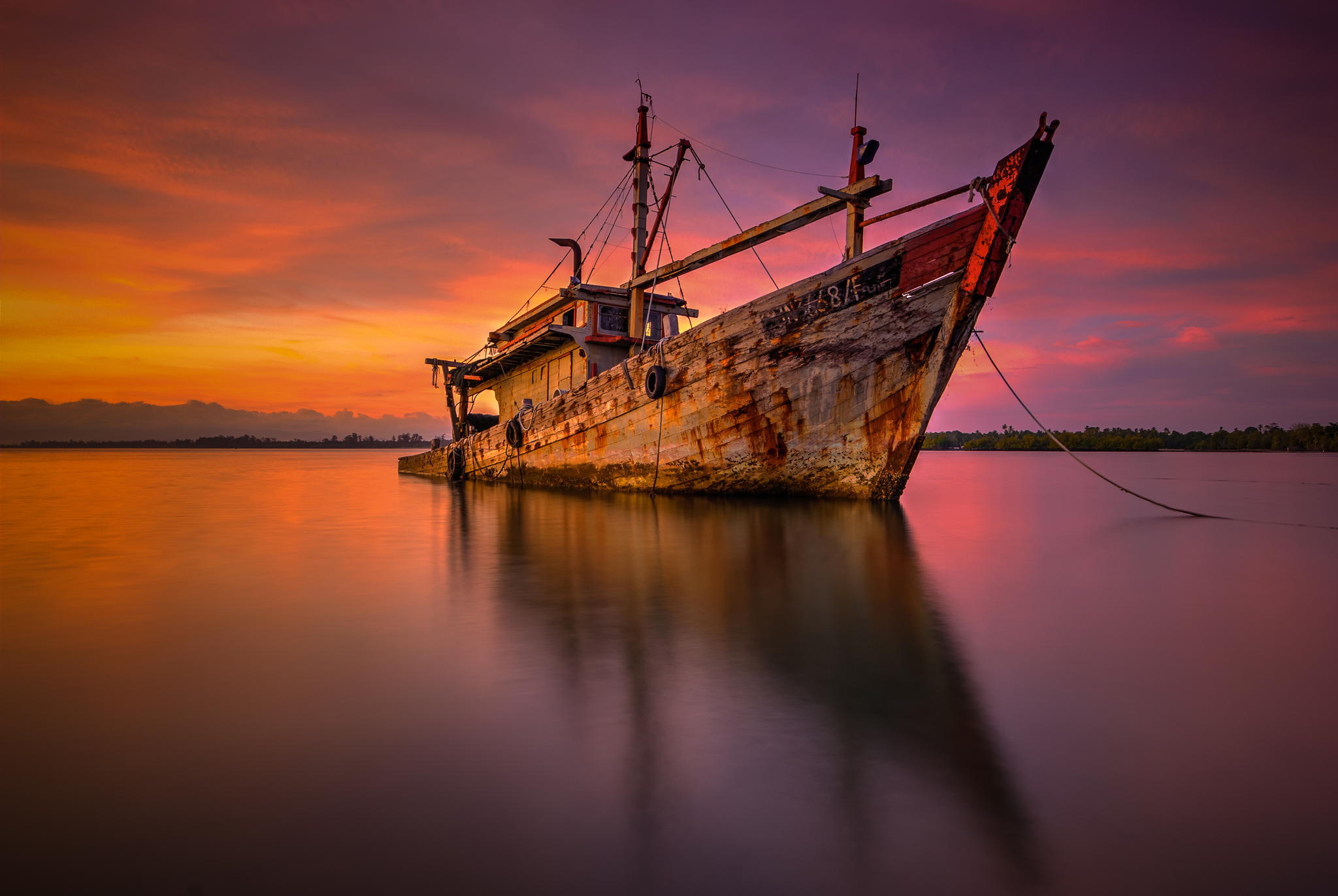Free download wallpaper Sunset, Reflection, Boat, Purple, Wreck, Vehicles on your PC desktop