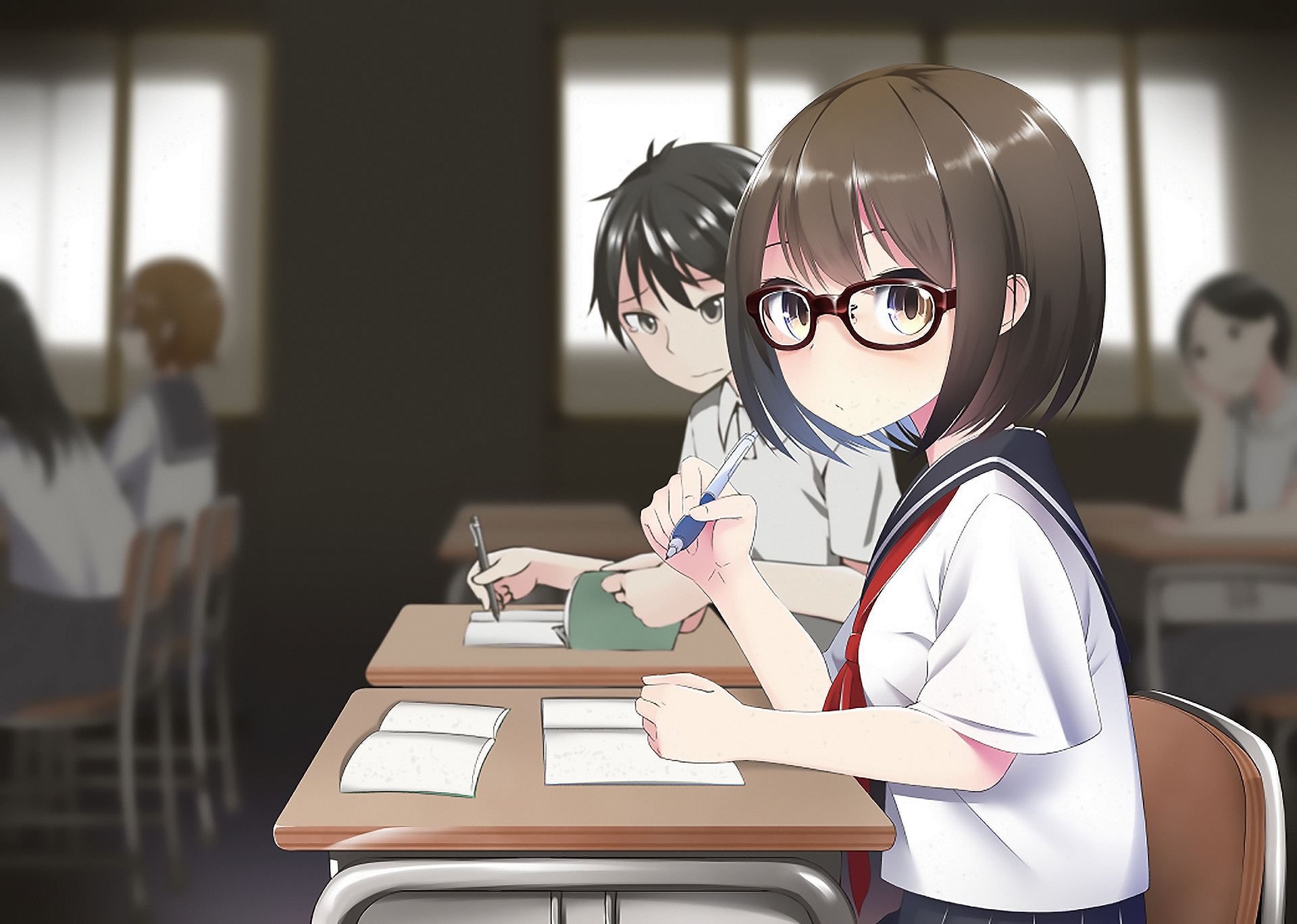 Download mobile wallpaper Anime, Glass, Schoolgirl, Original, School Uniform, Short Hair, Classroom for free.
