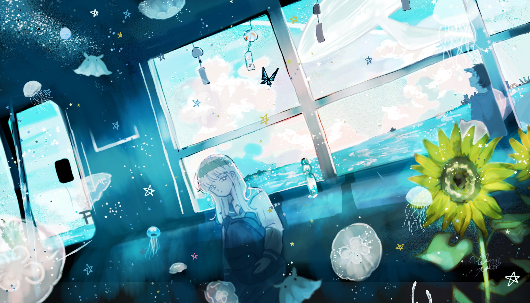 Download mobile wallpaper Anime, Jellyfish, Girl, Sunflower, White Hair for free.