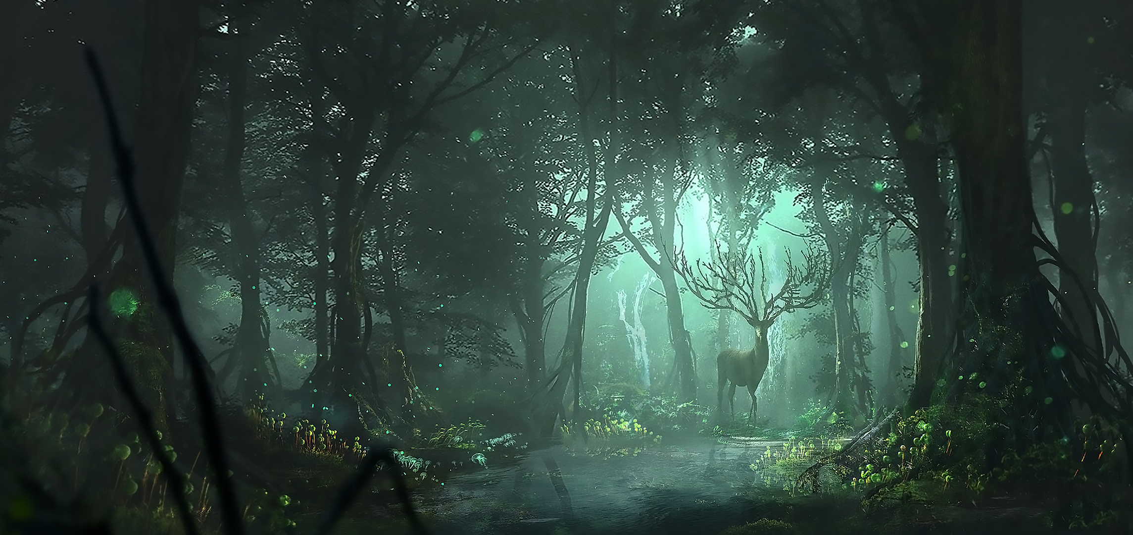 Laden Sie das Landschaft, Fantasie, Wald, Hirsch-Bild kostenlos auf Ihren PC-Desktop herunter
